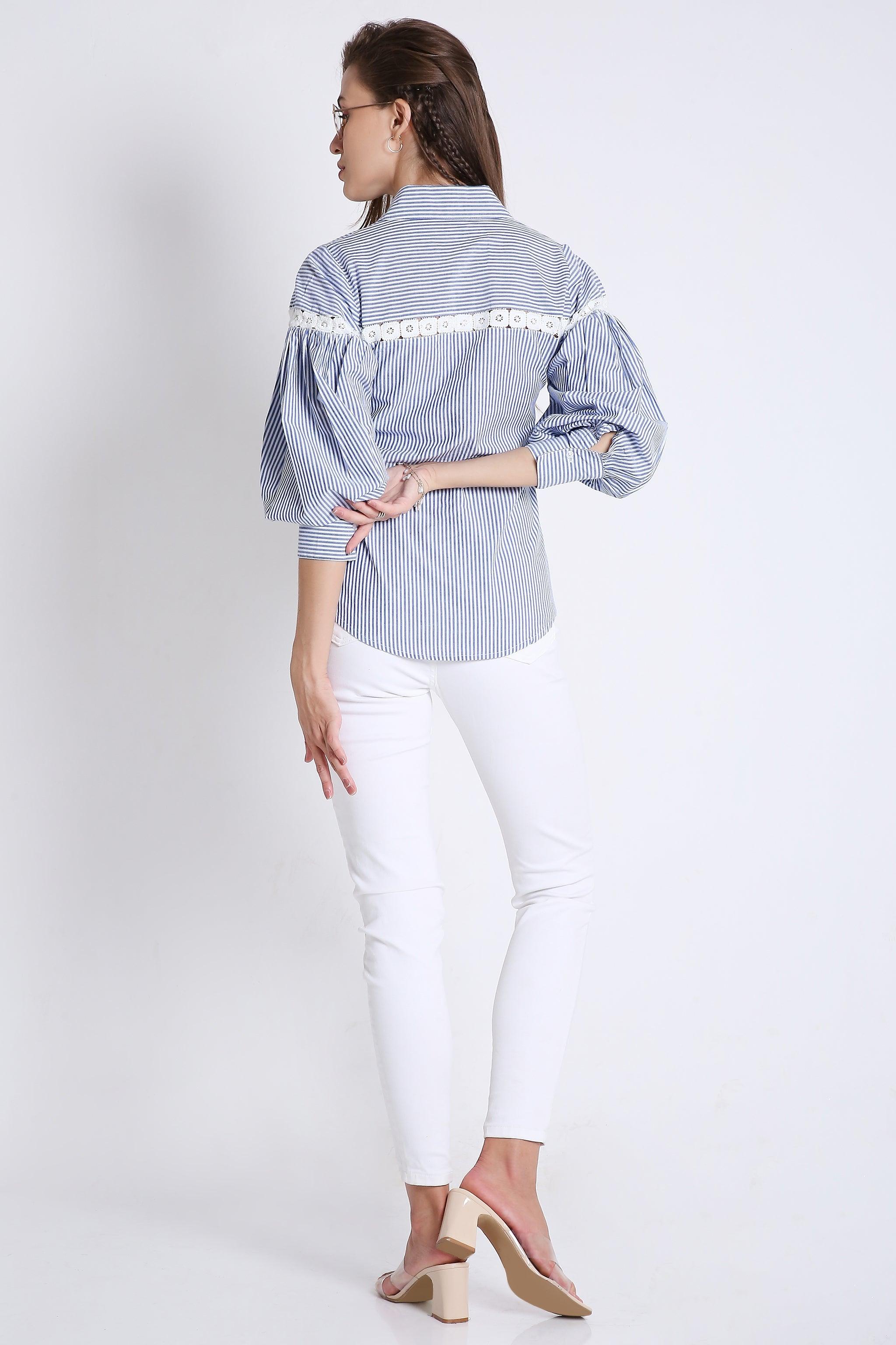Cotton Stripes Shirt with Balloon Sleeve & Lace Detail FRENCH THEORY