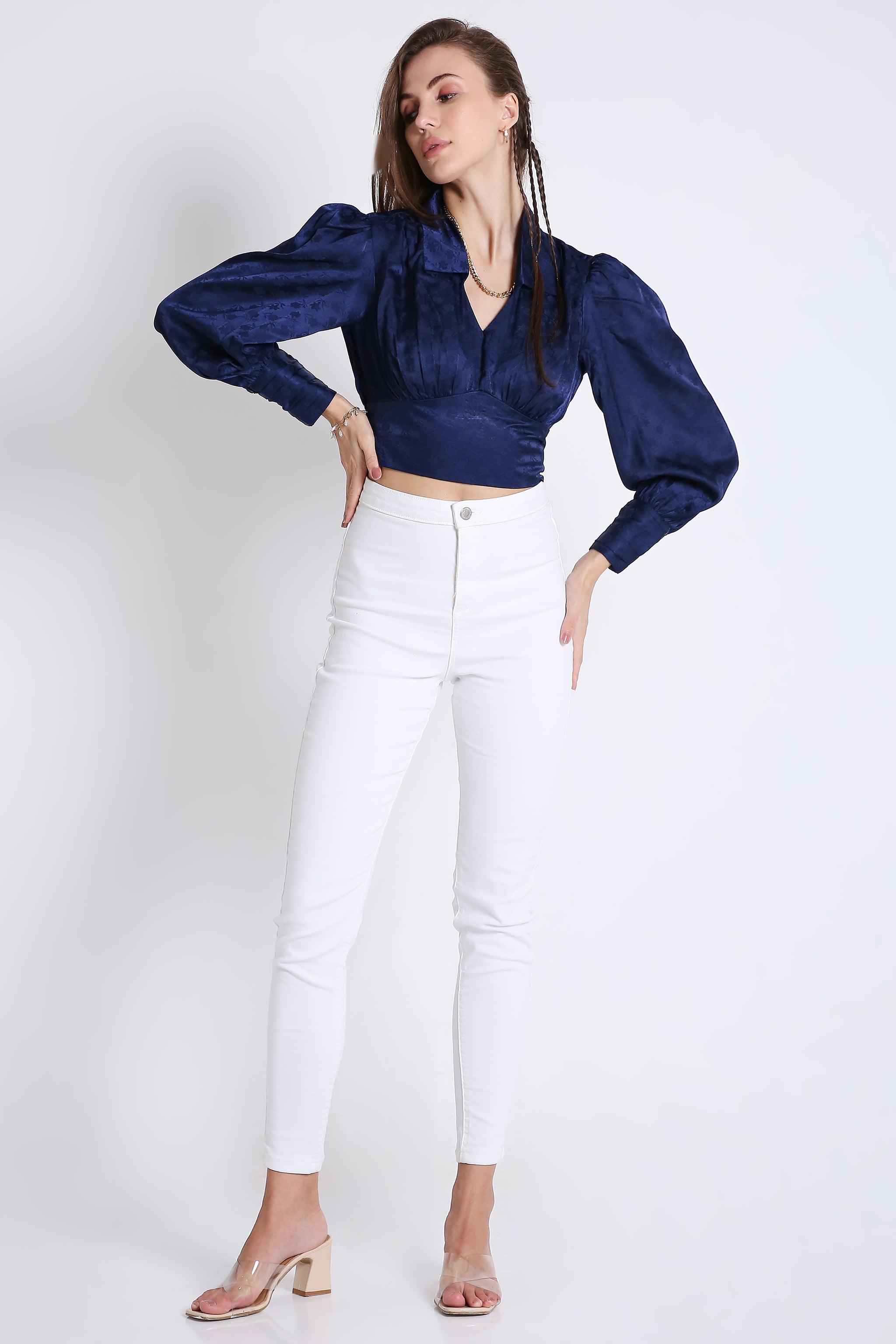 Jaquard Satin Empire Yoke Crop Top with Rushed Cuff Detail FRENCH THEORY