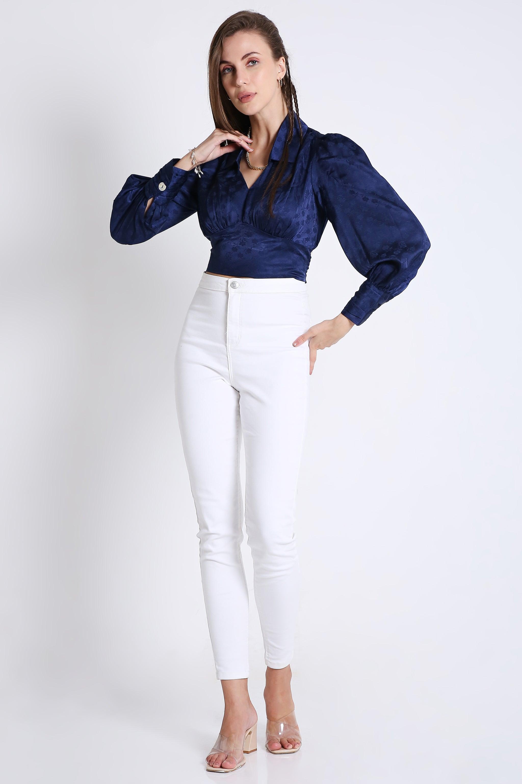 Jaquard Satin Empire Yoke Crop Top with Rushed Cuff Detail FRENCH THEORY