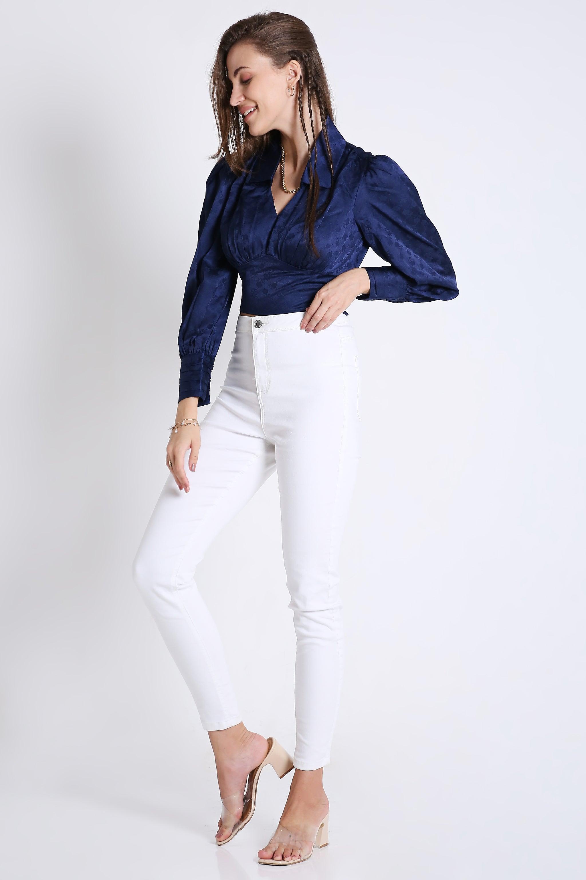 Jaquard Satin Empire Yoke Crop Top with Rushed Cuff Detail FRENCH THEORY