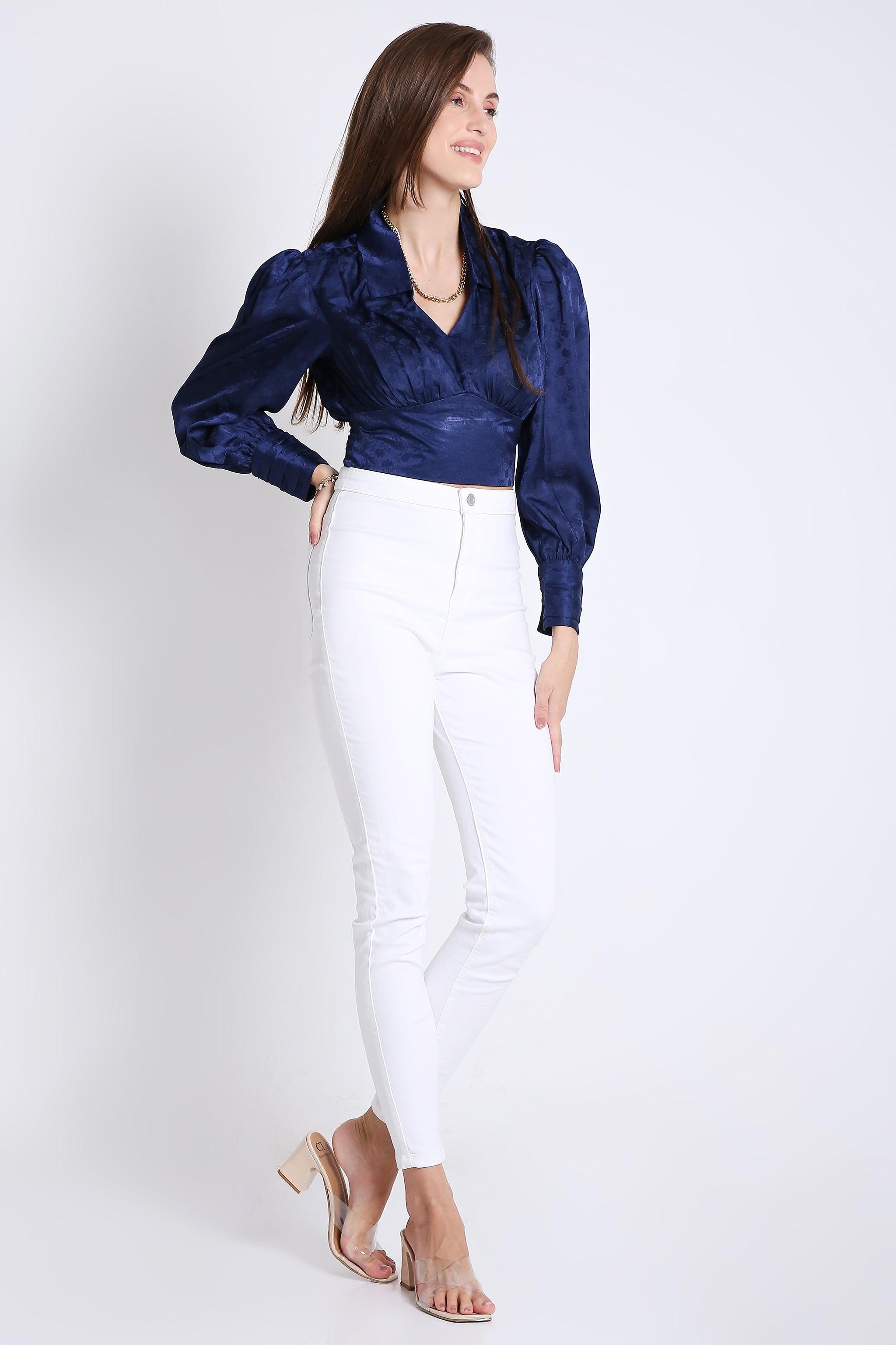 Jaquard Satin Empire Yoke Crop Top with Rushed Cuff Detail FRENCH THEORY