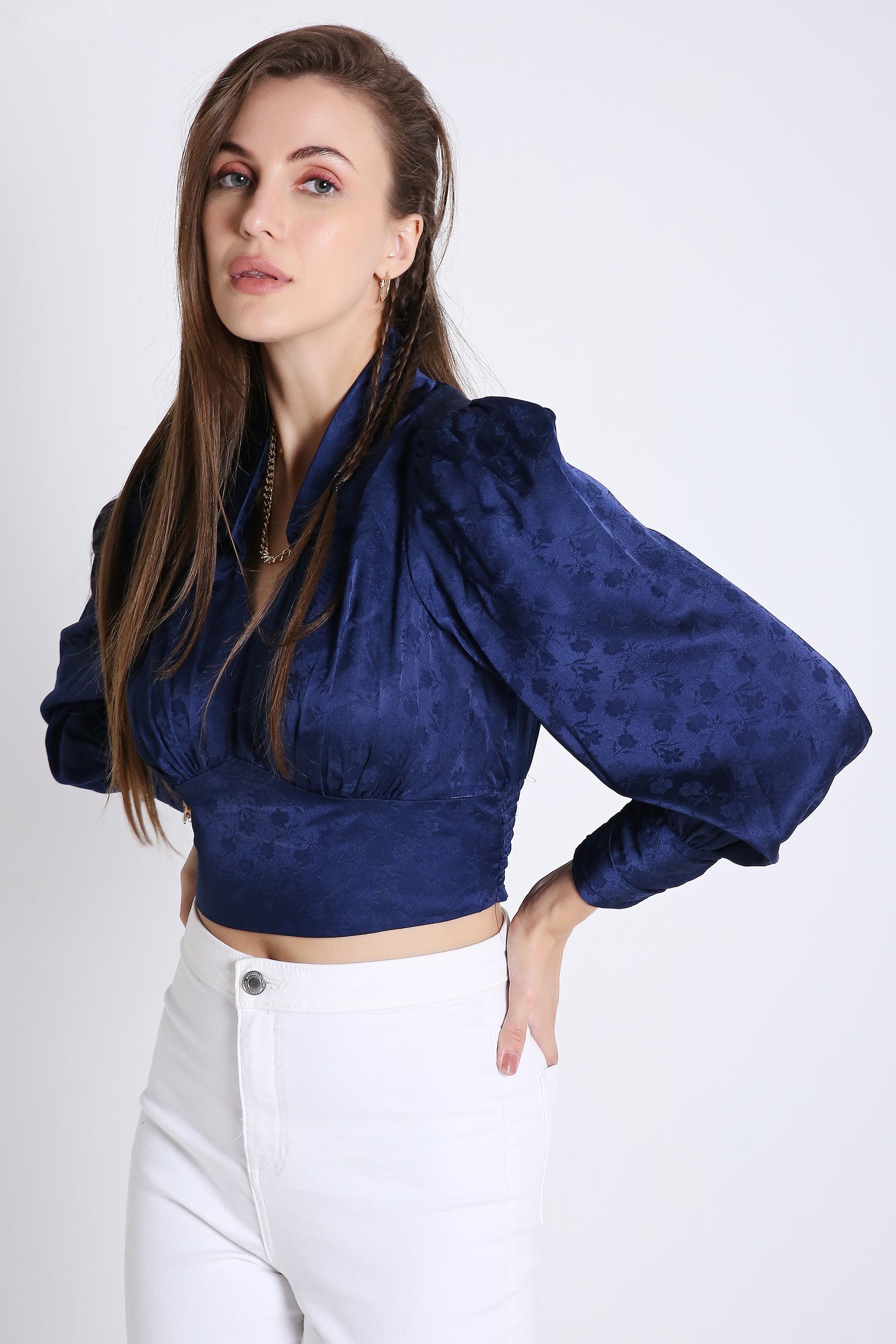 Jaquard Satin Empire Yoke Crop Top with Rushed Cuff Detail FRENCH THEORY
