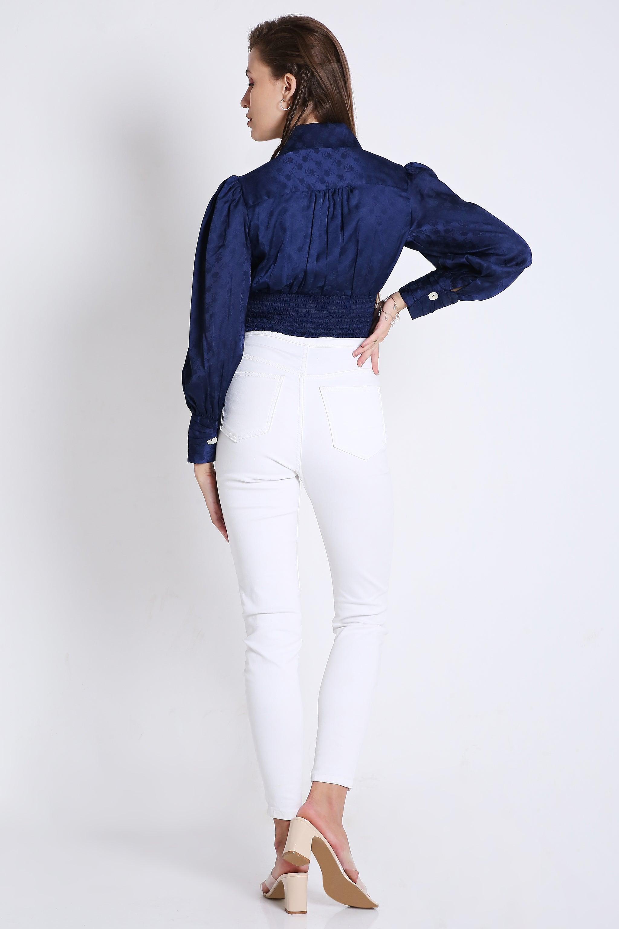 Jaquard Satin Empire Yoke Crop Top with Rushed Cuff Detail FRENCH THEORY