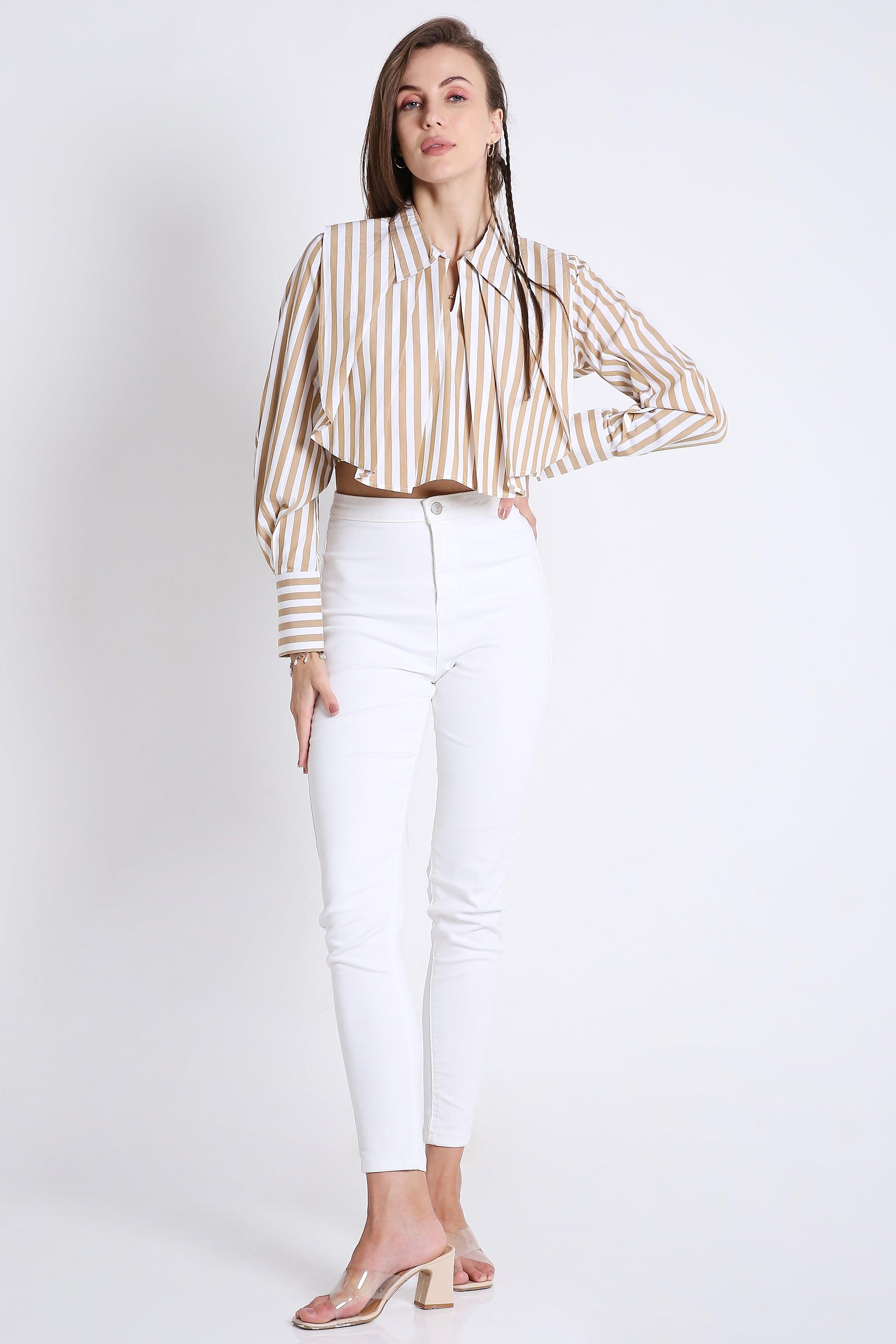 Stripes Fashion Pleated Crop Shirt FRENCH THEORY