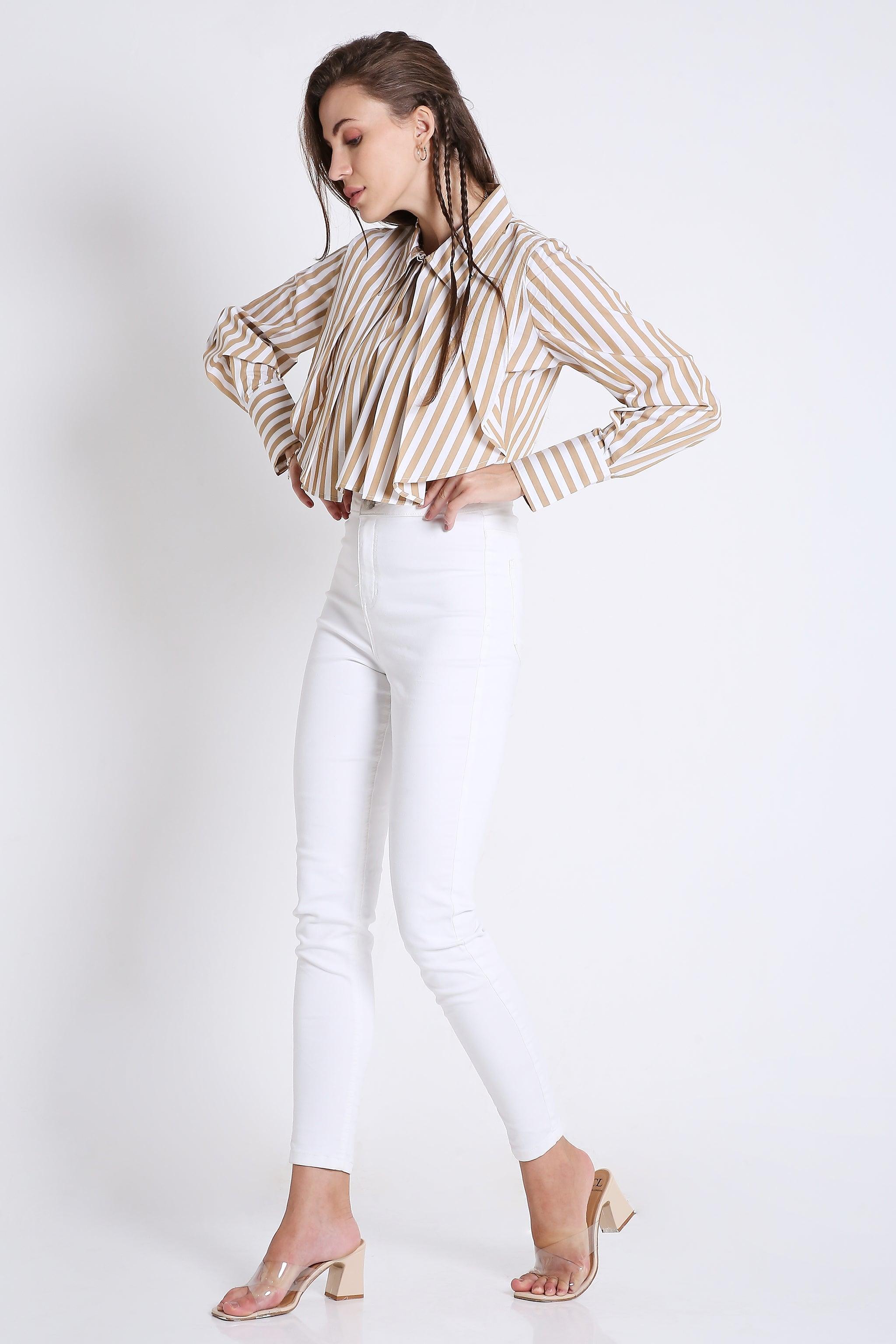 Stripes Fashion Pleated Crop Shirt FRENCH THEORY