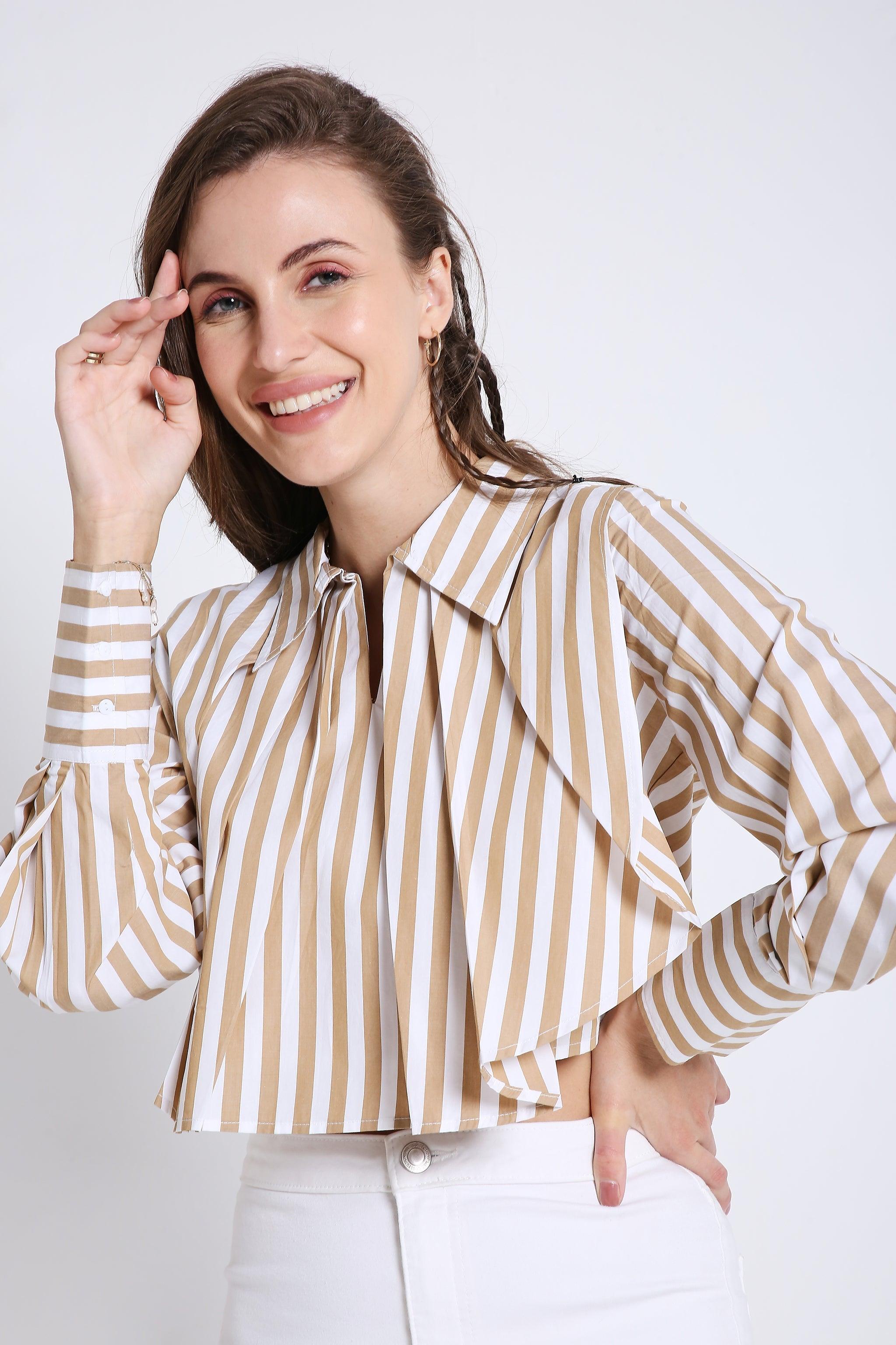 Stripes Fashion Pleated Crop Shirt FRENCH THEORY