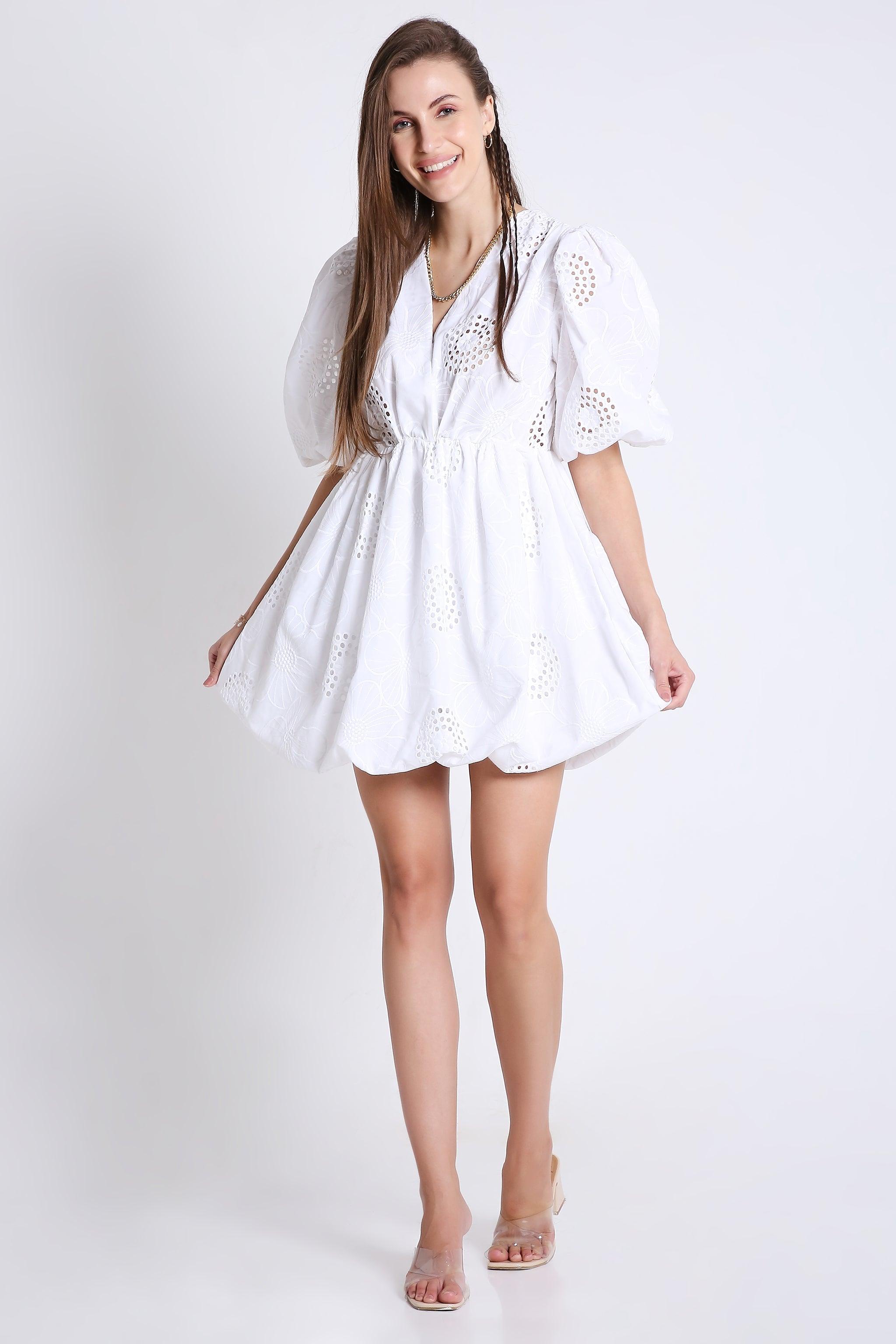 Cotton Balloon Dress with Elegant Schiffli Embroidery FRENCH THEORY