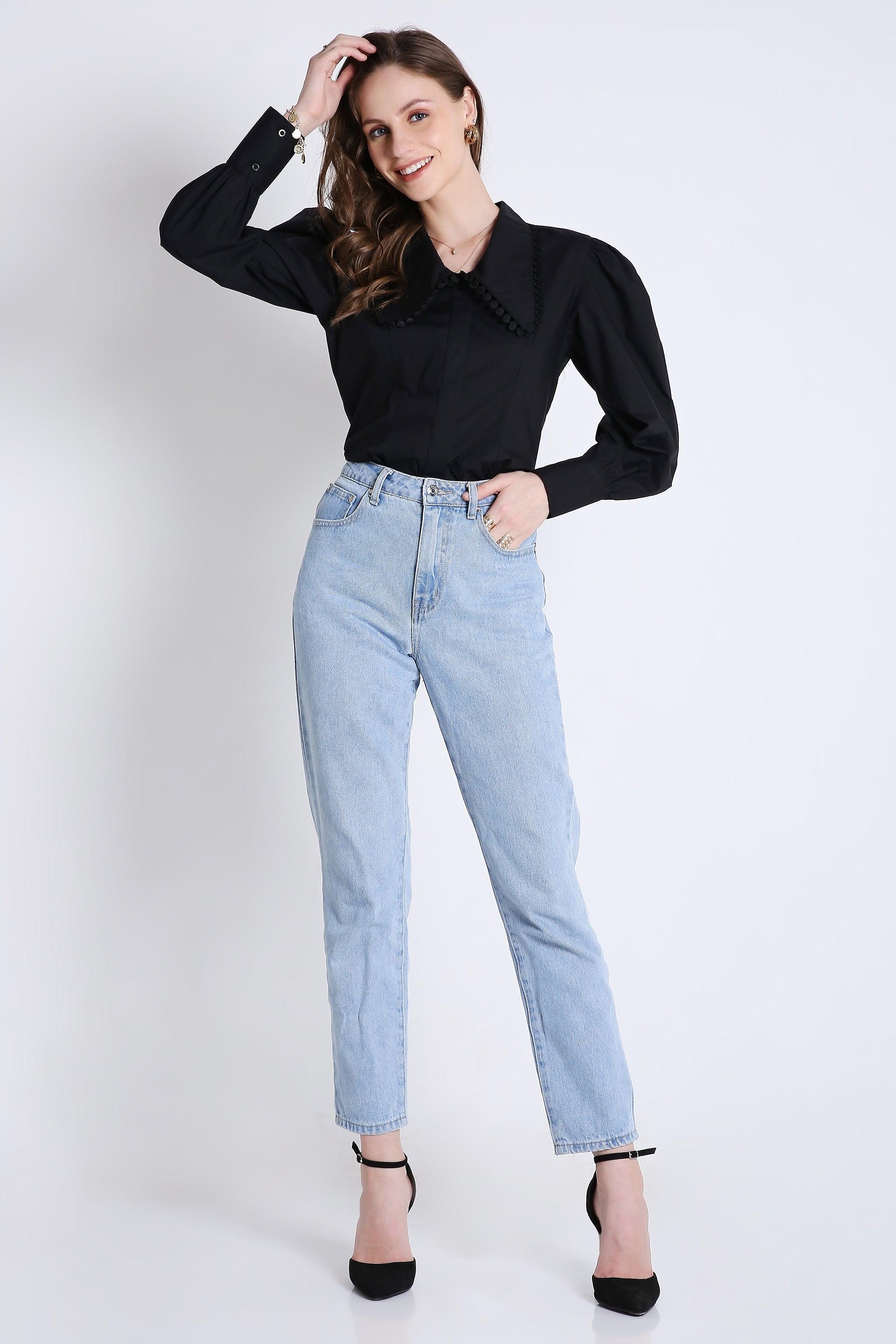 Cotton Over Sized Collar Shirt with Lace Detail FRENCH THEORY