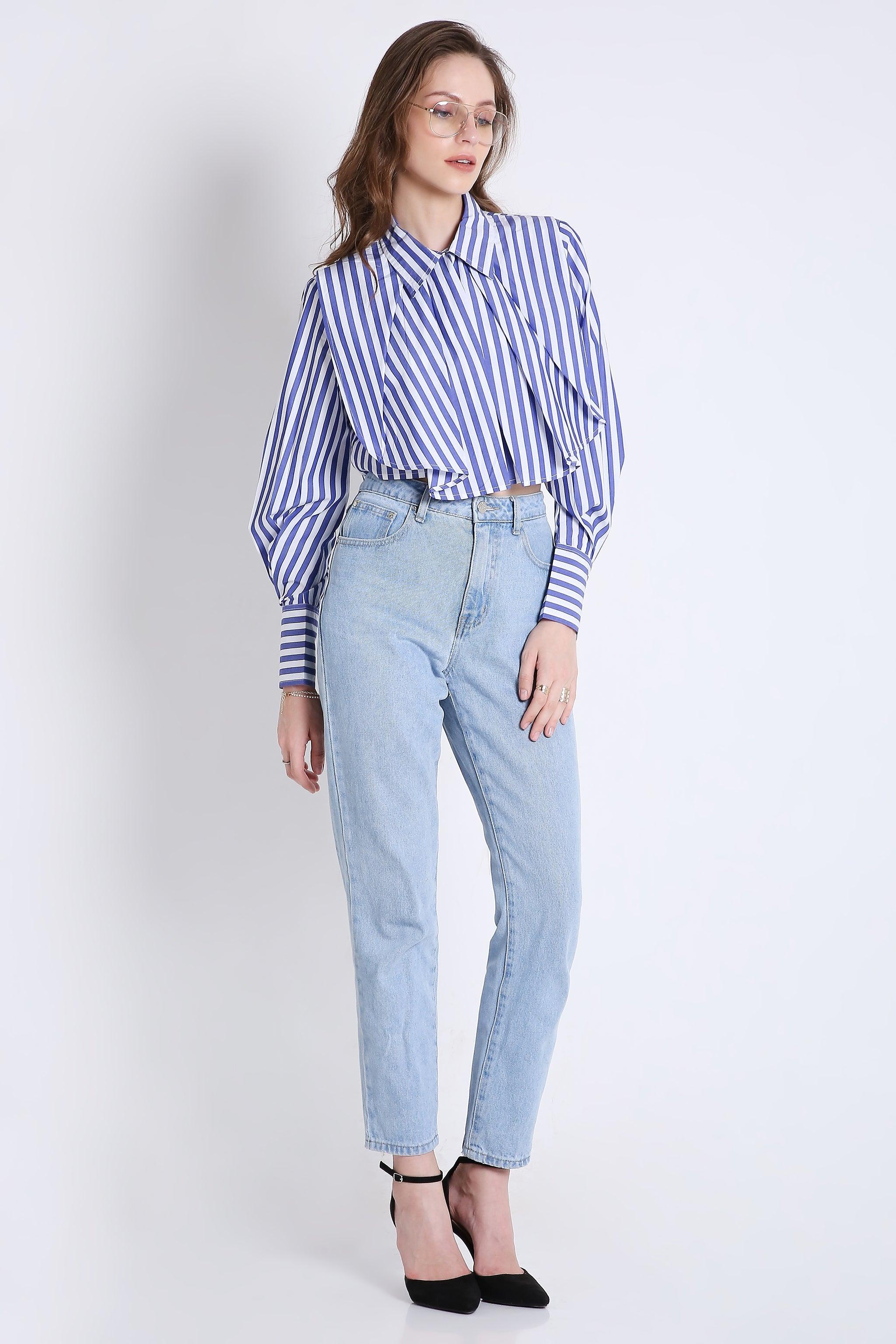 Stripes Fashion Pleated Crop Shirt FRENCH THEORY