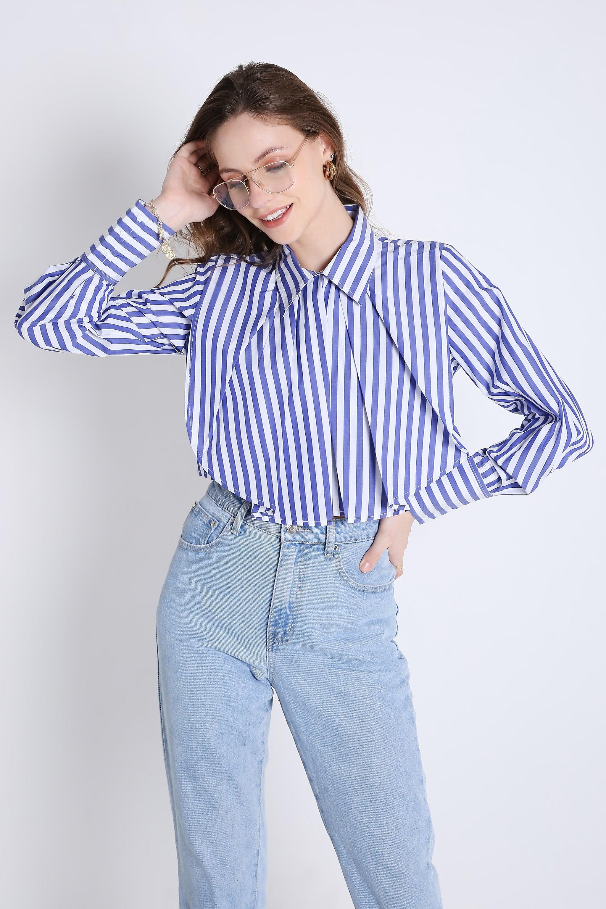 Stripes Fashion Pleated Crop Shirt FRENCH THEORY