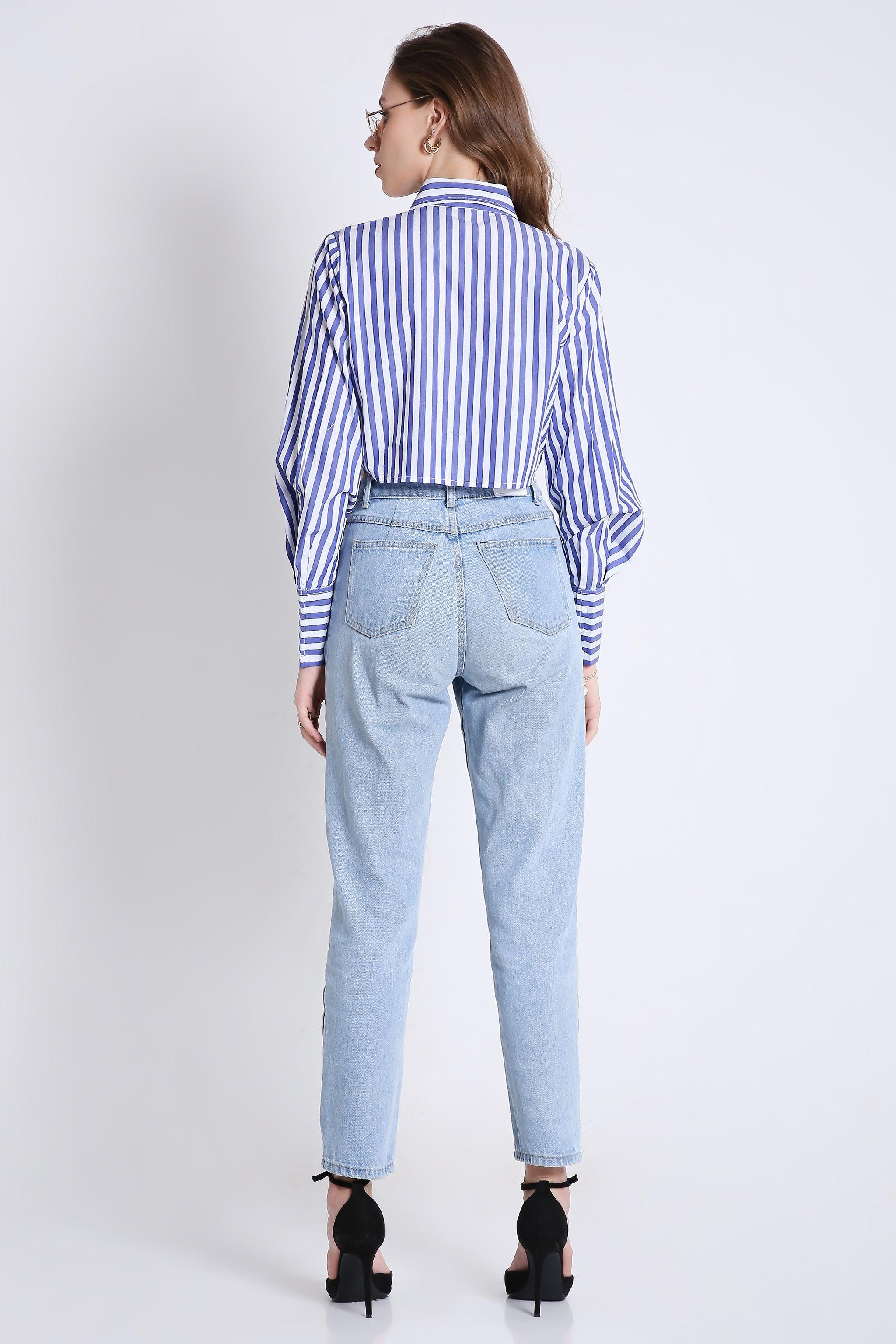 Stripes Fashion Pleated Crop Shirt FRENCH THEORY