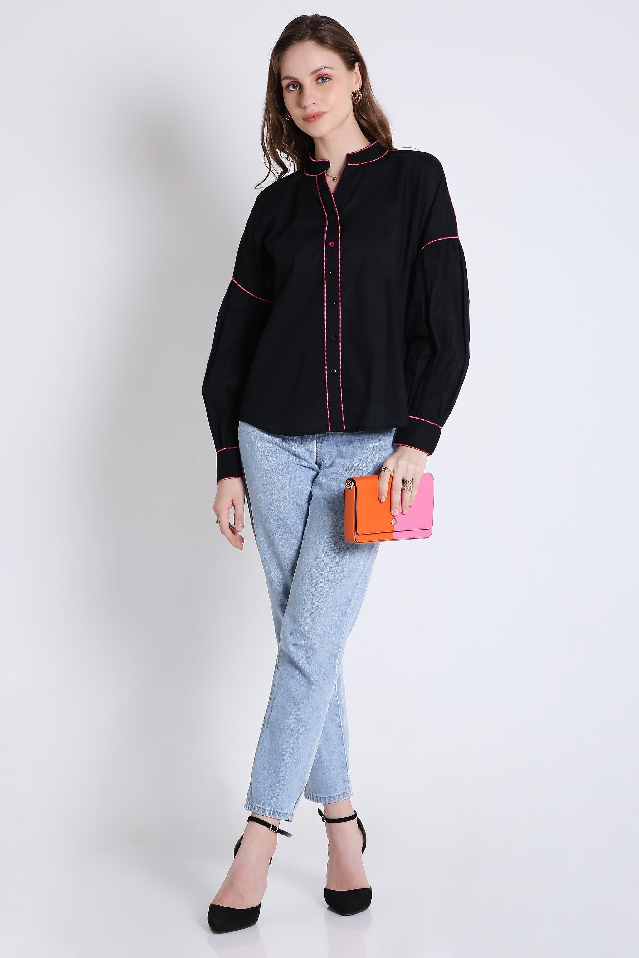 Cotton Over Sized Shirt with Contrast Piping FRENCH THEORY