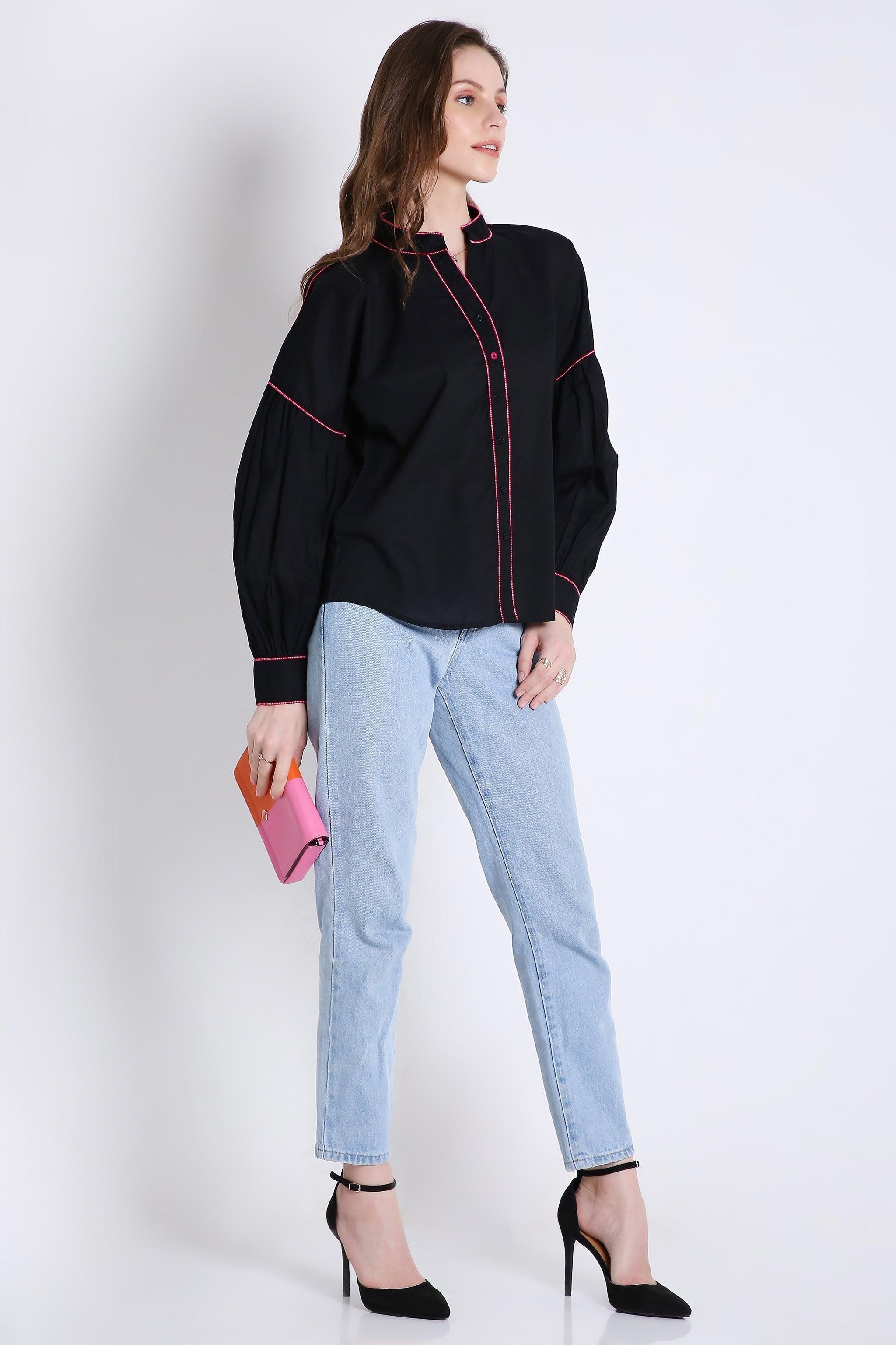 Cotton Over Sized Shirt with Contrast Piping FRENCH THEORY