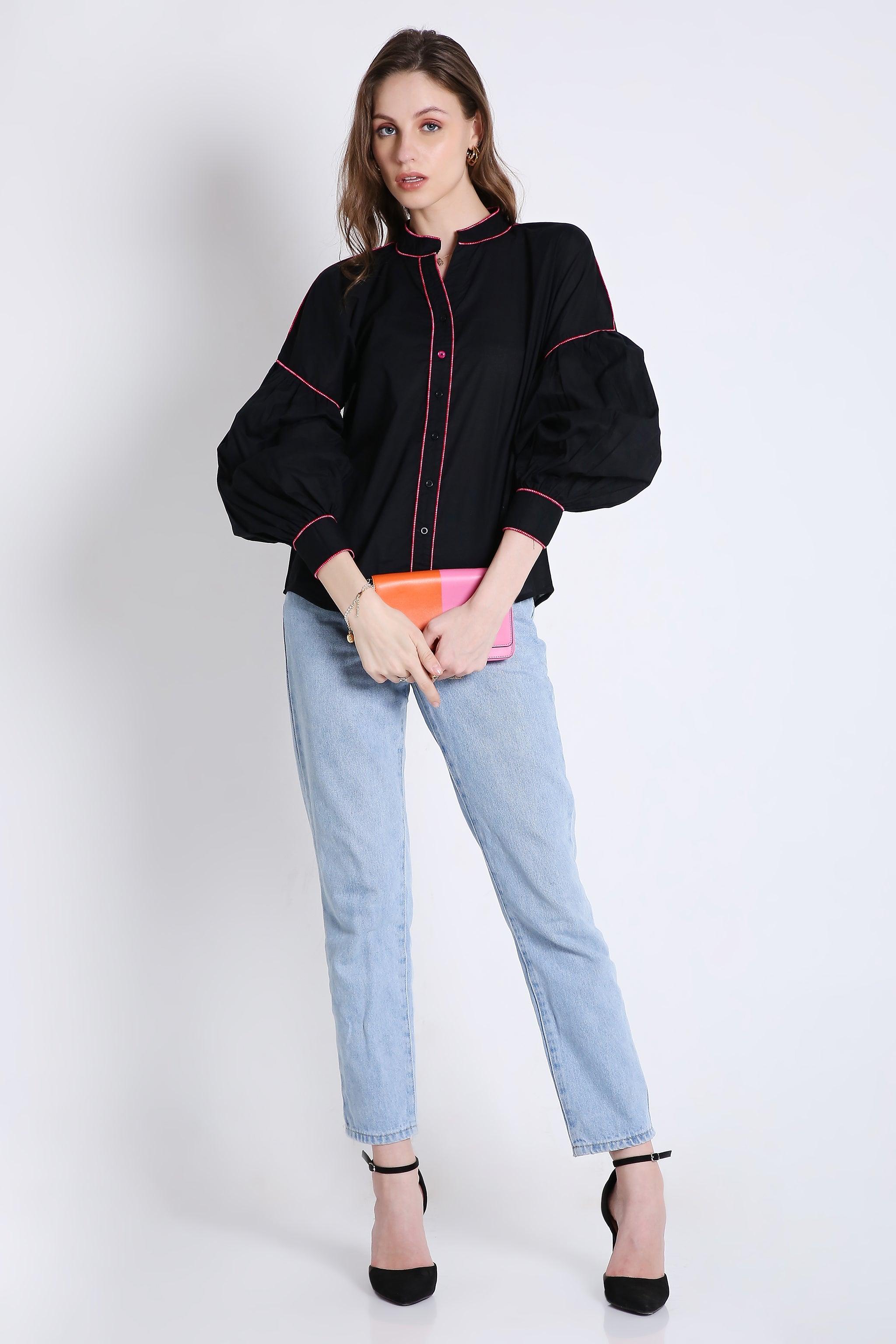 Cotton Over Sized Shirt with Contrast Piping FRENCH THEORY