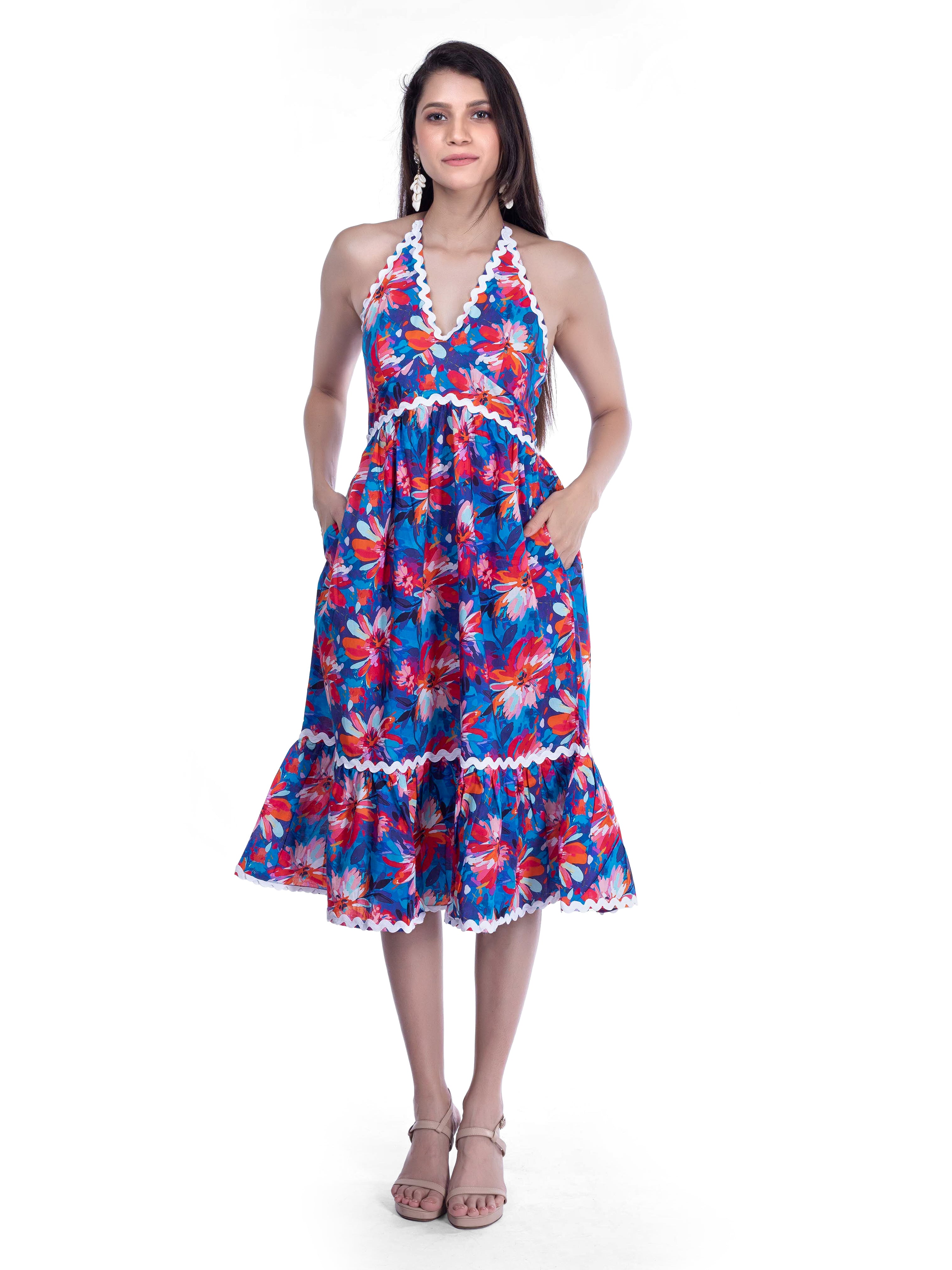 Blue, Pink & Red Floral Midi Dress - FRENCH THEORY