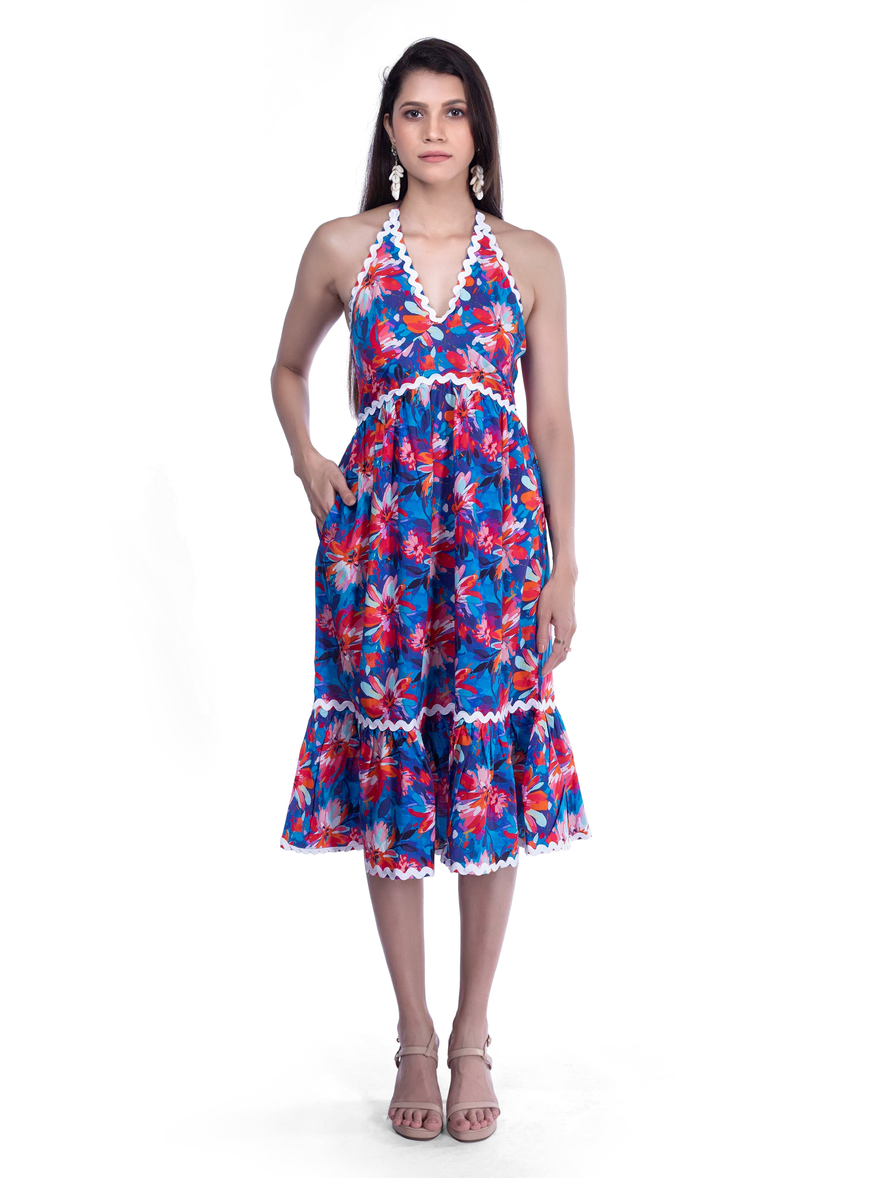 Blue, Pink & Red Floral Midi Dress - FRENCH THEORY