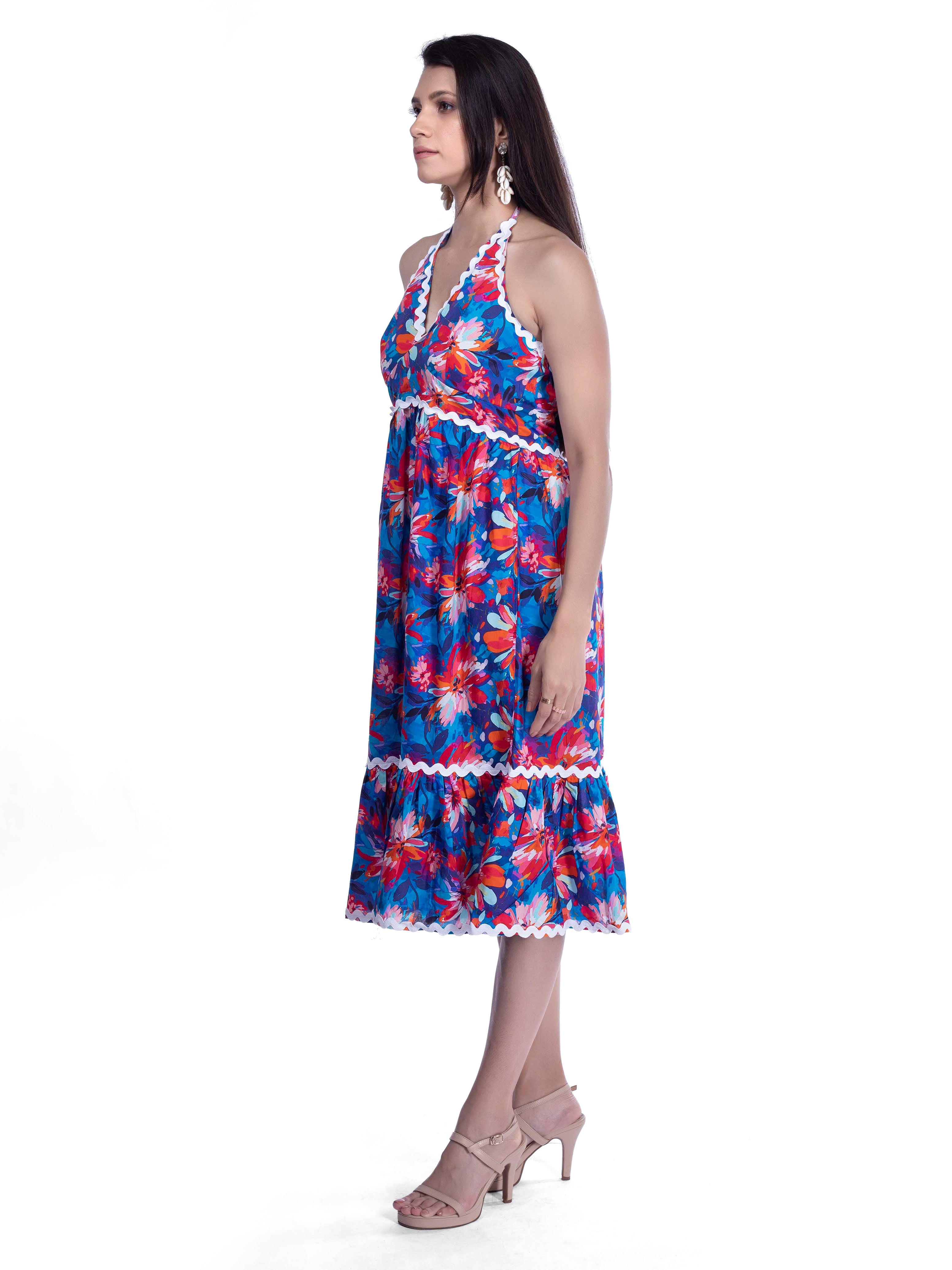 Blue, Pink & Red Floral Midi Dress - FRENCH THEORY