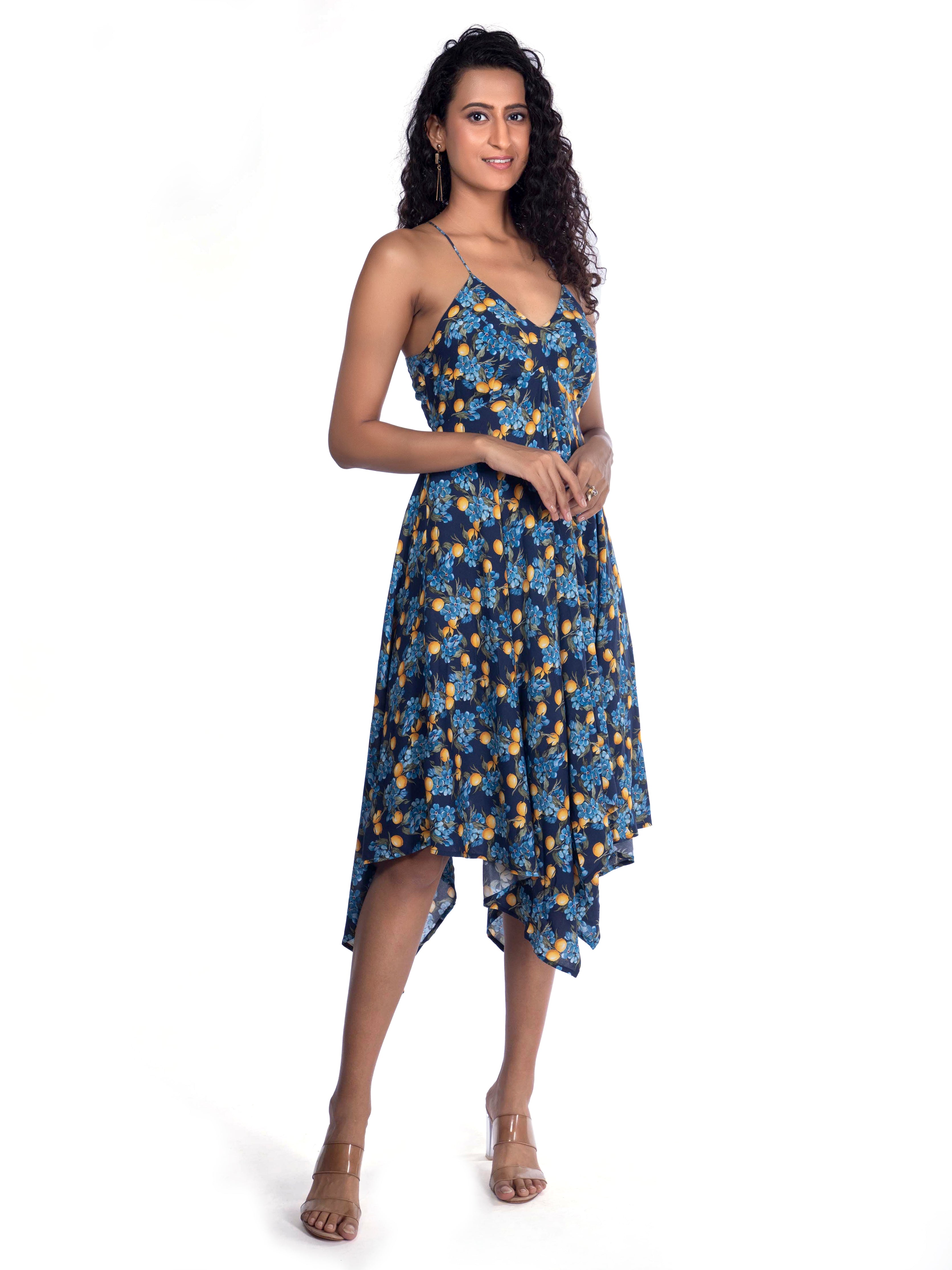 Blue Floral Dress with Sweetheart Neck