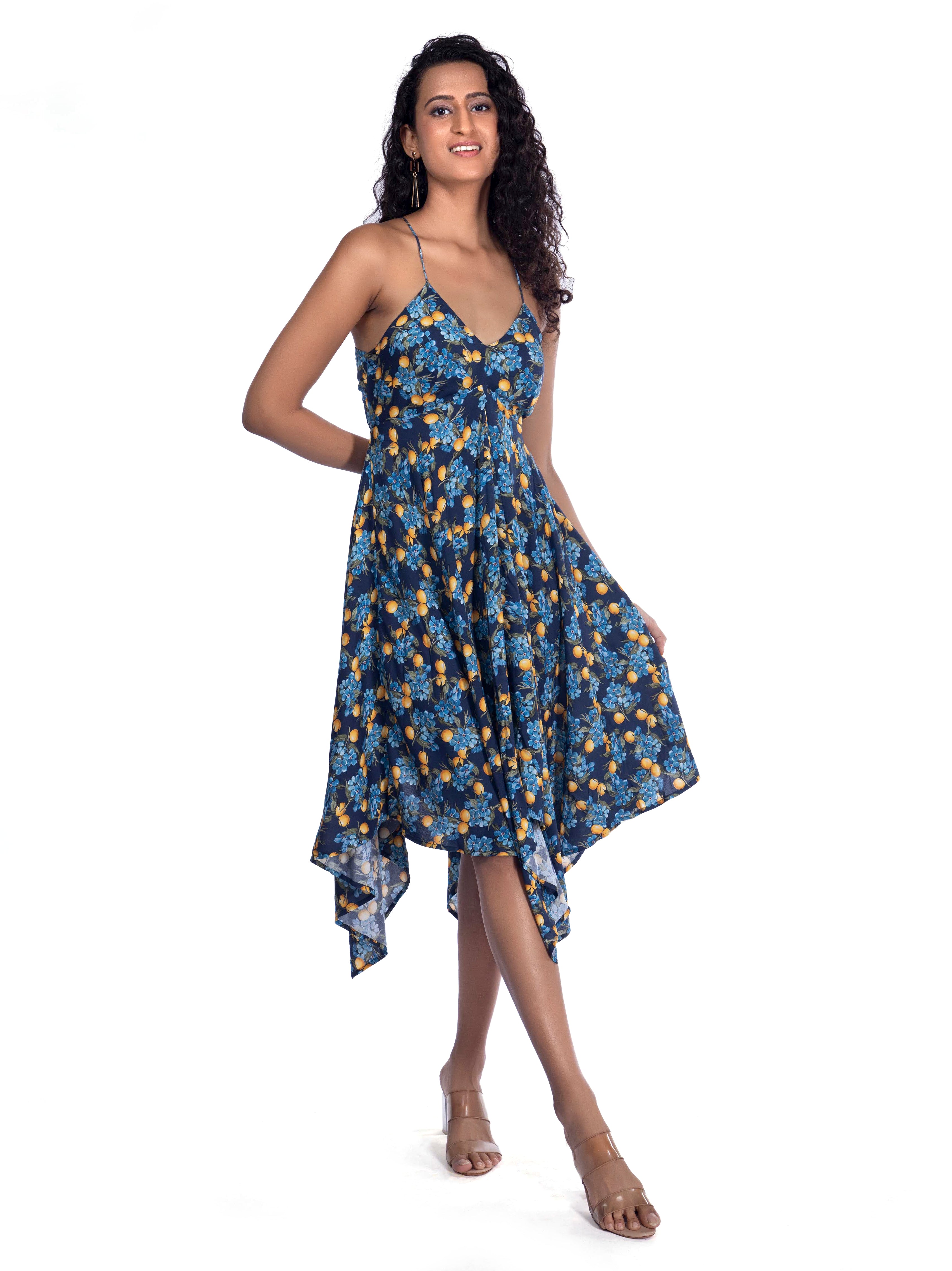 Blue Floral Dress with Sweetheart Neck