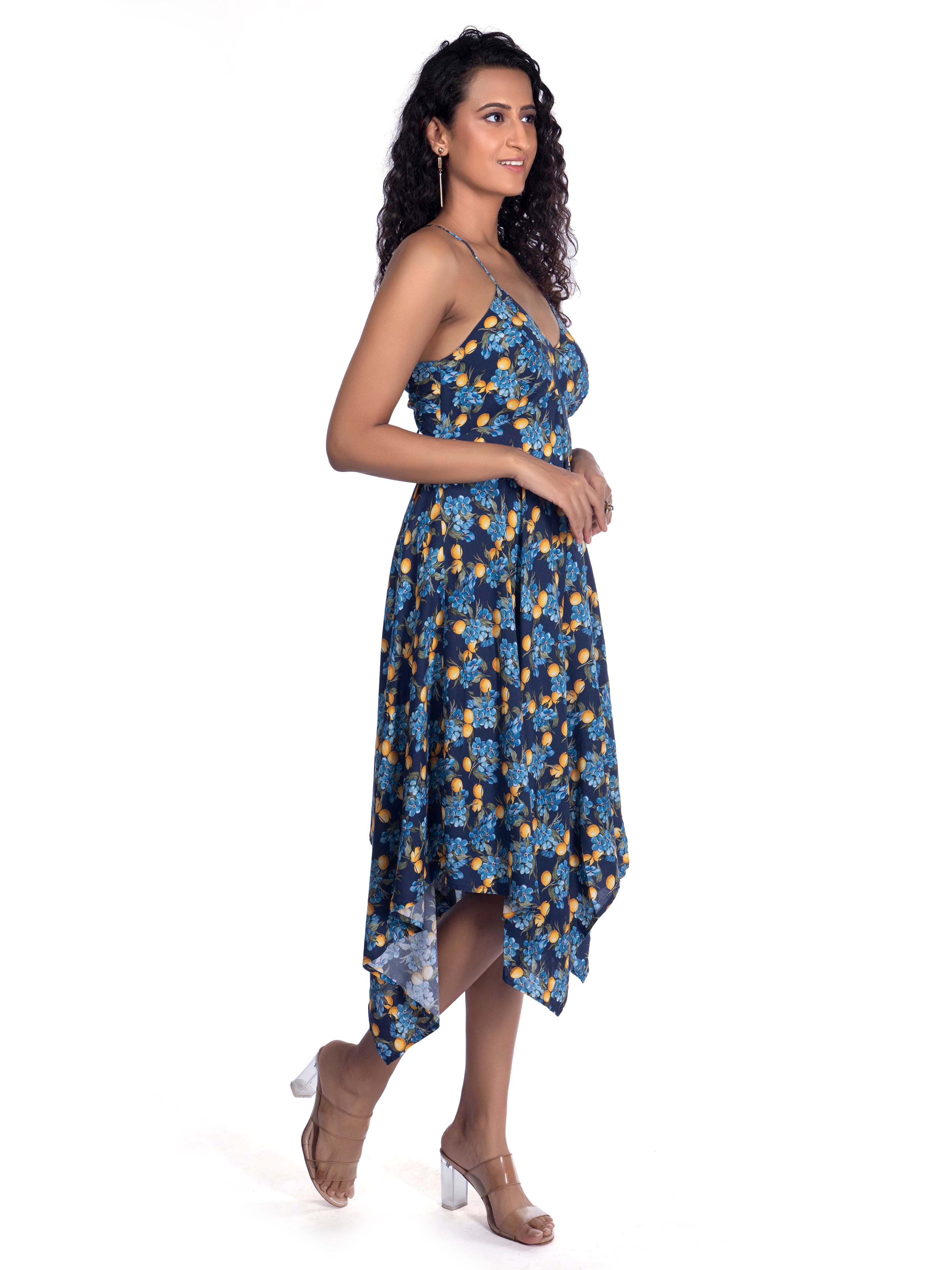 Blue Floral Dress with Sweetheart Neck