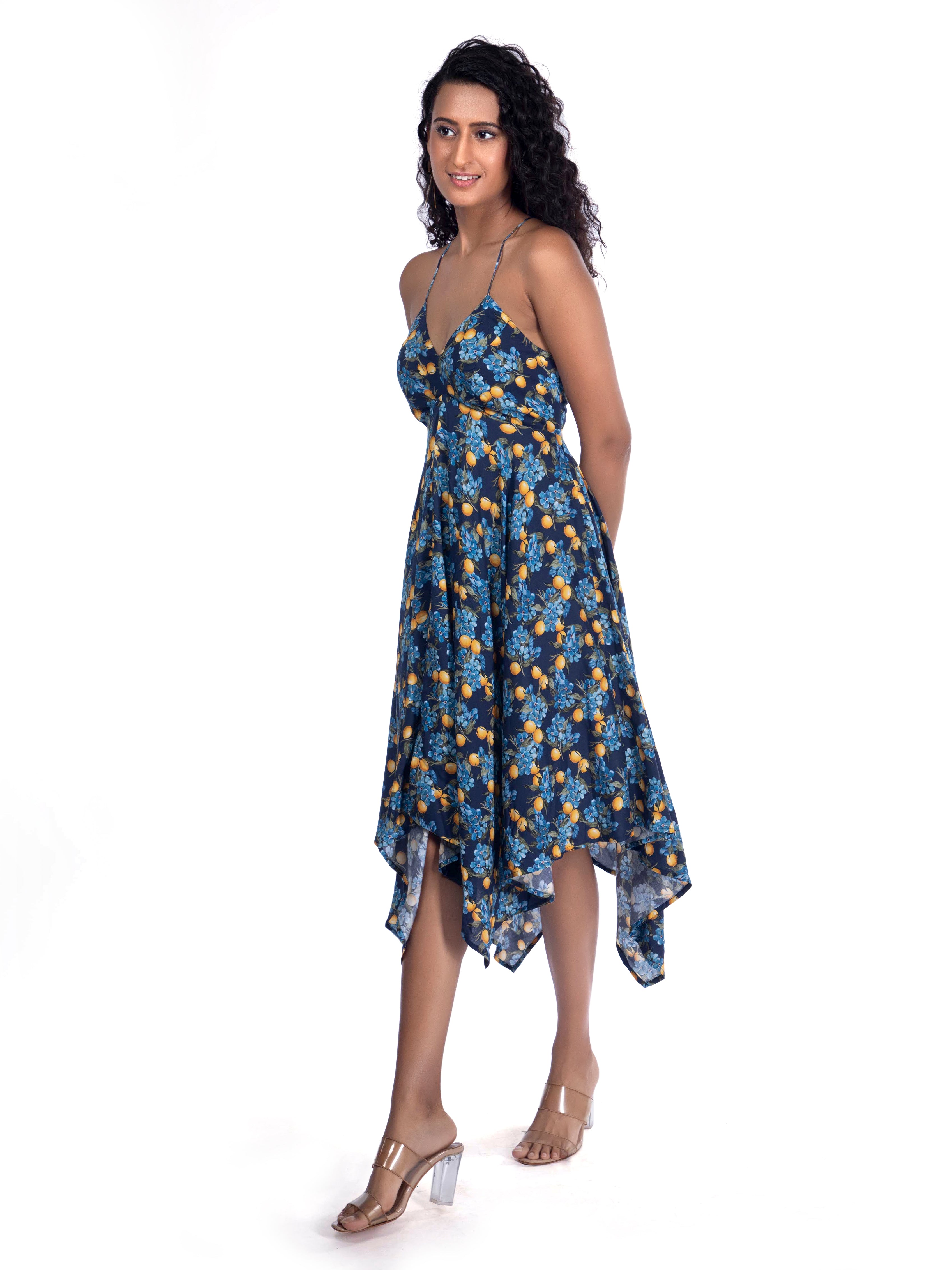 Blue Floral Dress with Sweetheart Neck