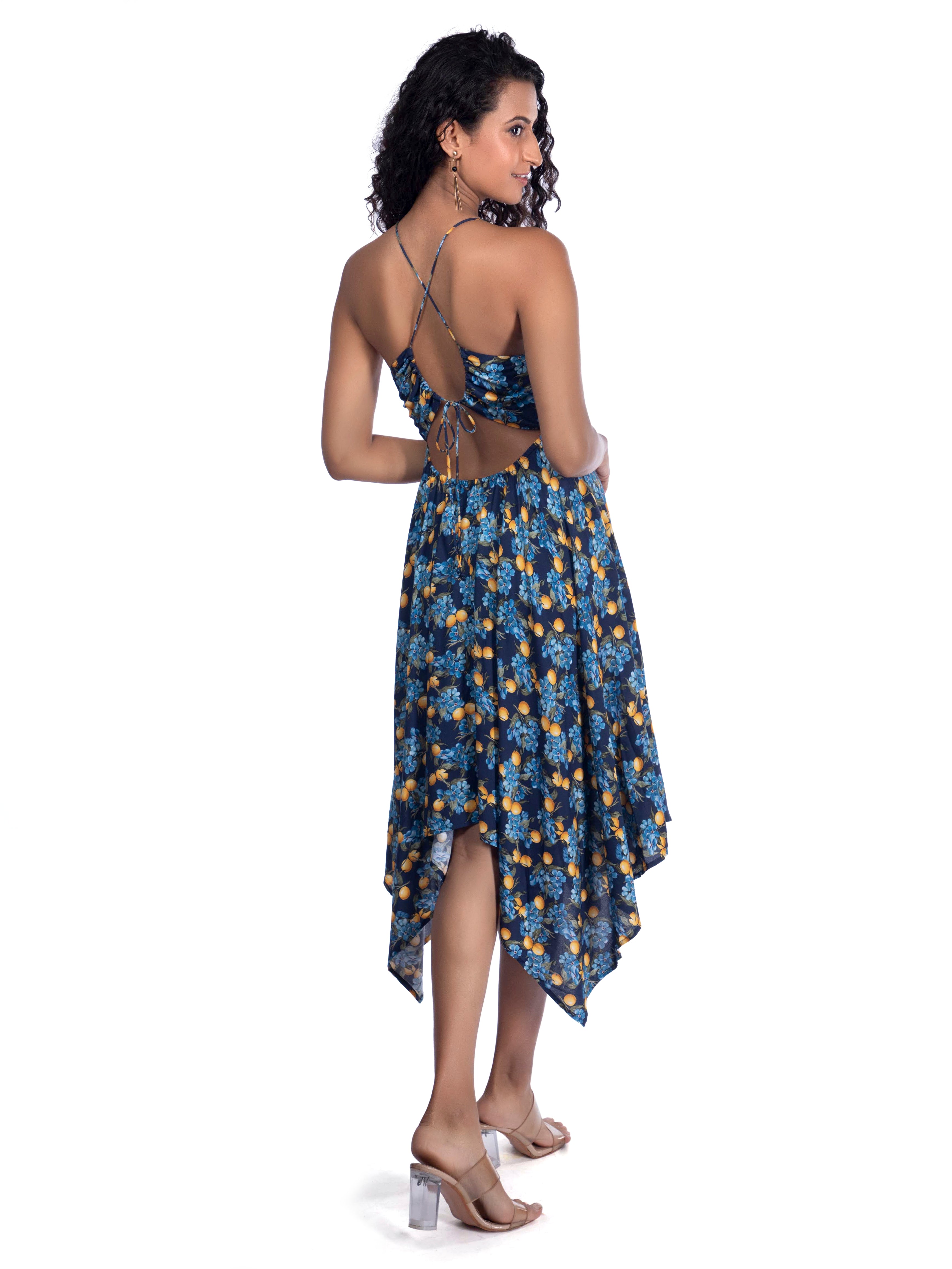 Blue Floral Dress with Sweetheart Neck