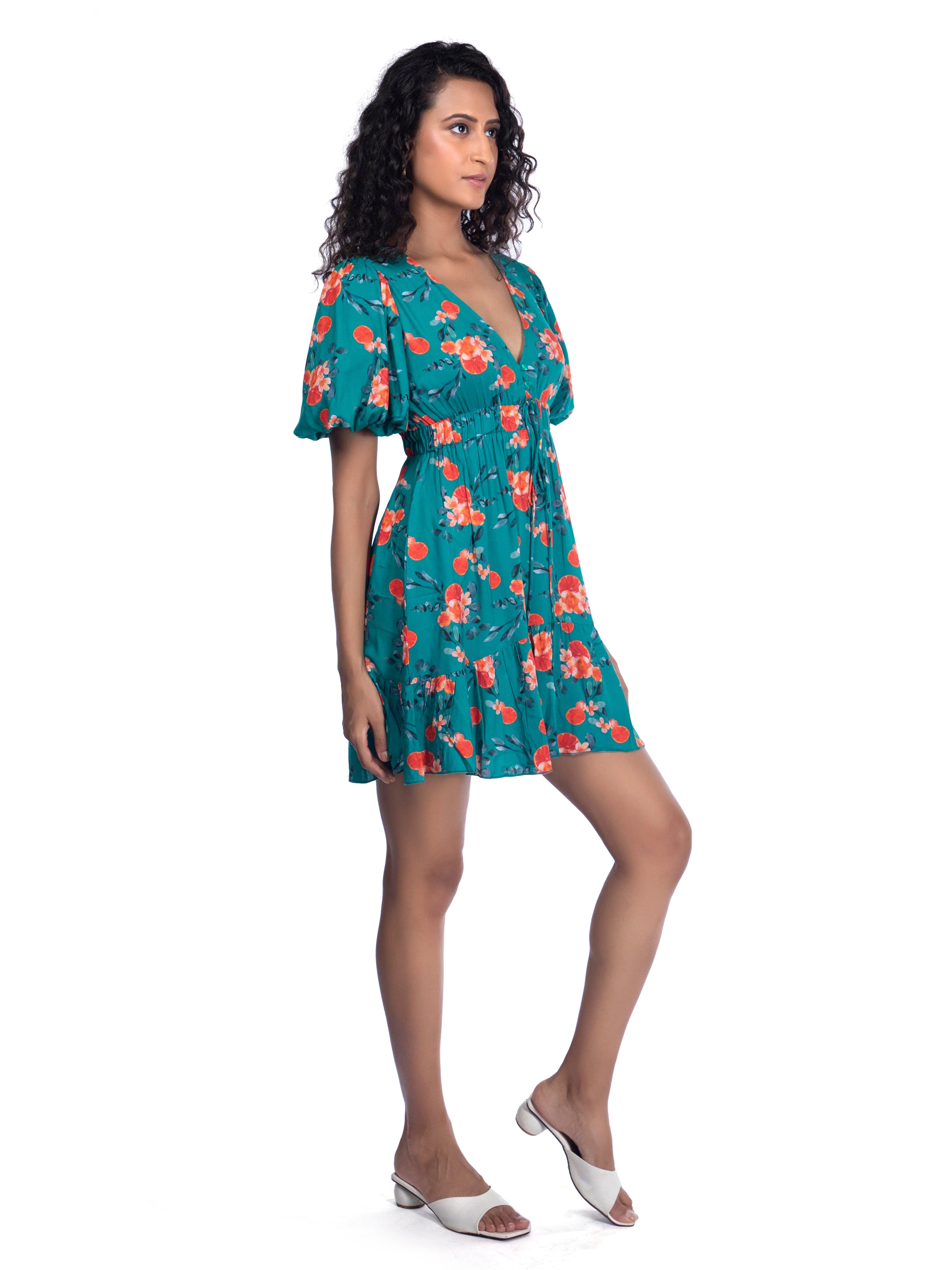 Tuquoise Blue Printed Plunge Neck Summer Dress - FRENCH THEORY