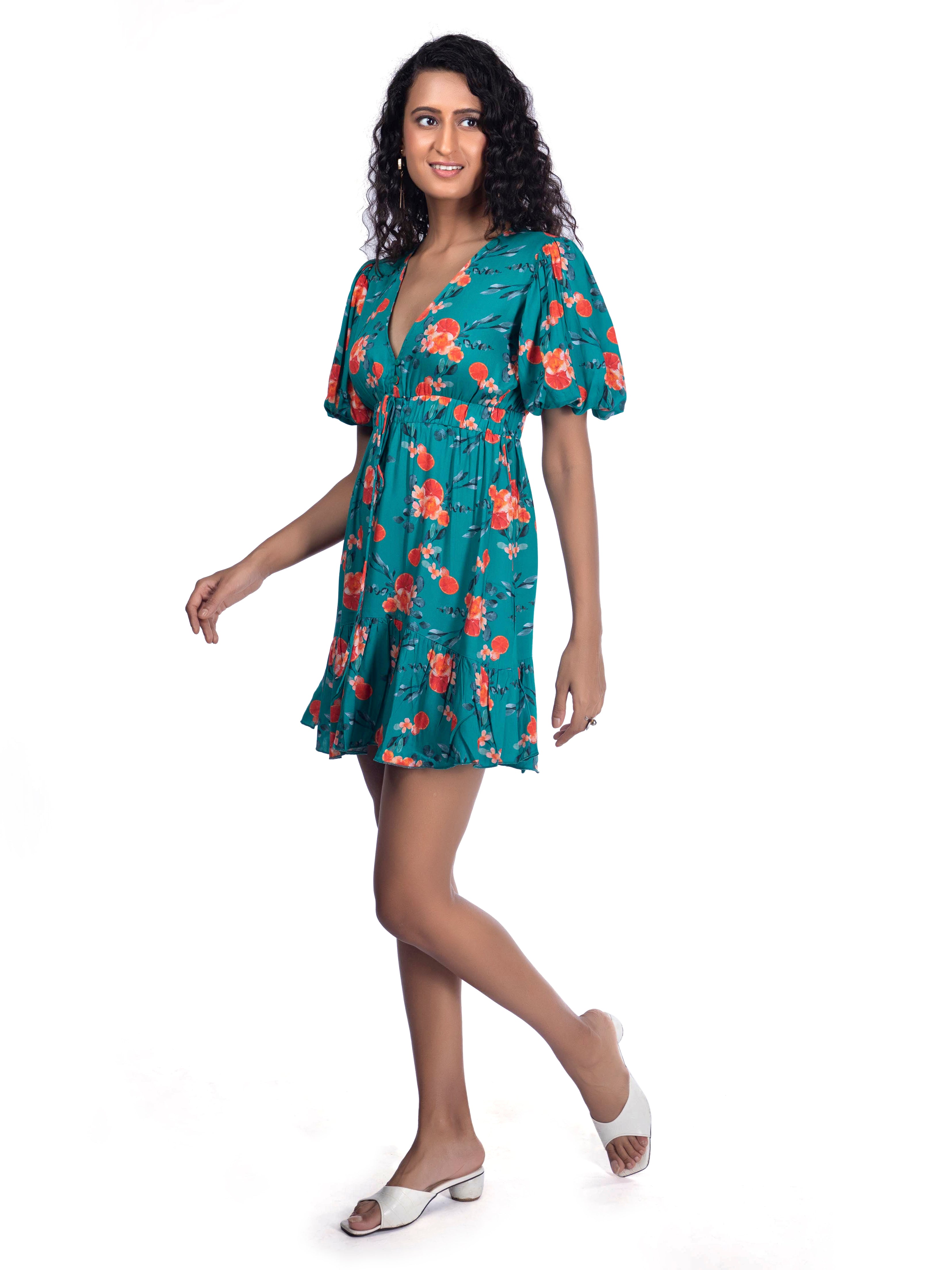 Tuquoise Blue Printed Plunge Neck Summer Dress - FRENCH THEORY