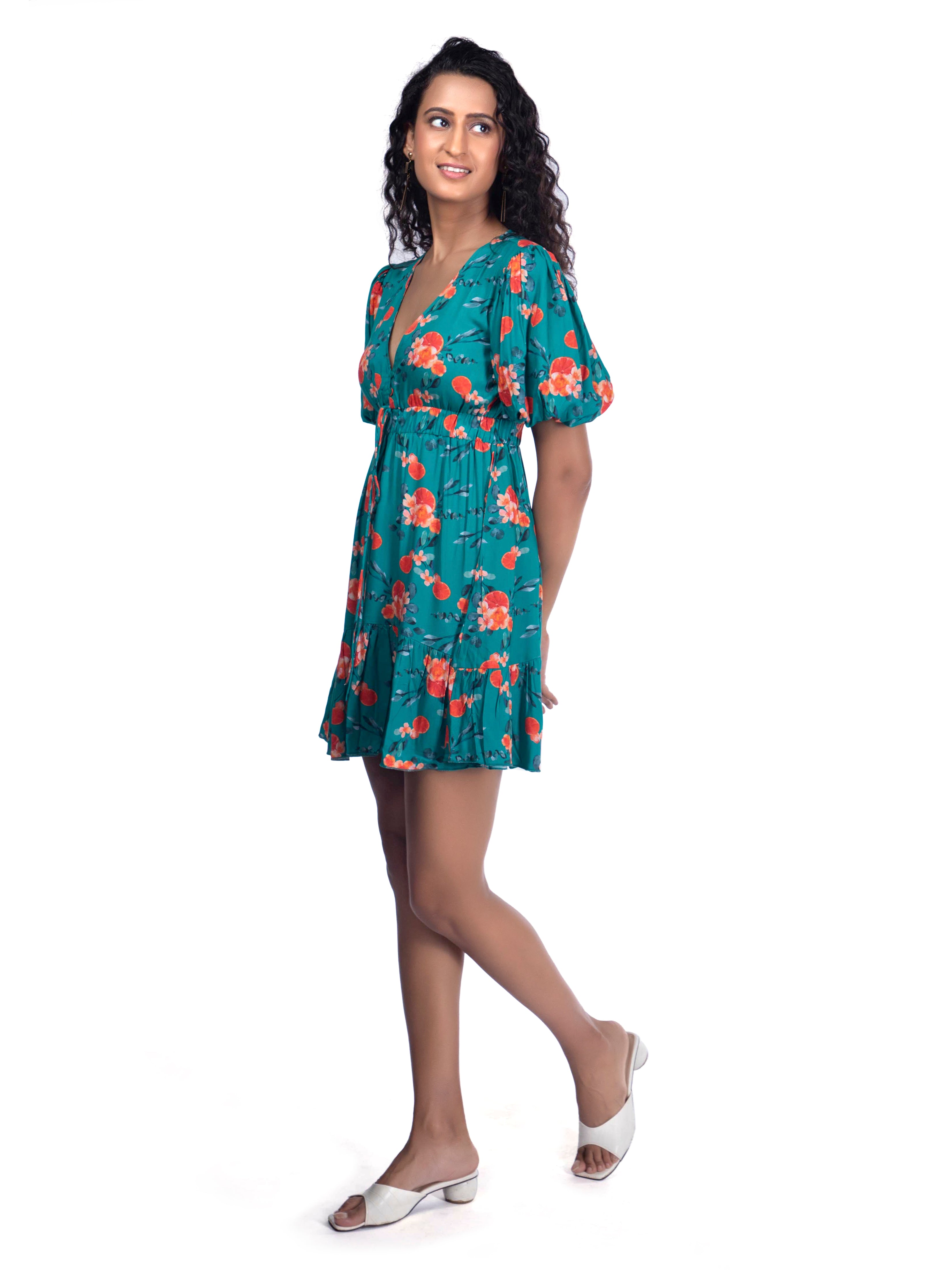 Tuquoise Blue Printed Plunge Neck Summer Dress - FRENCH THEORY