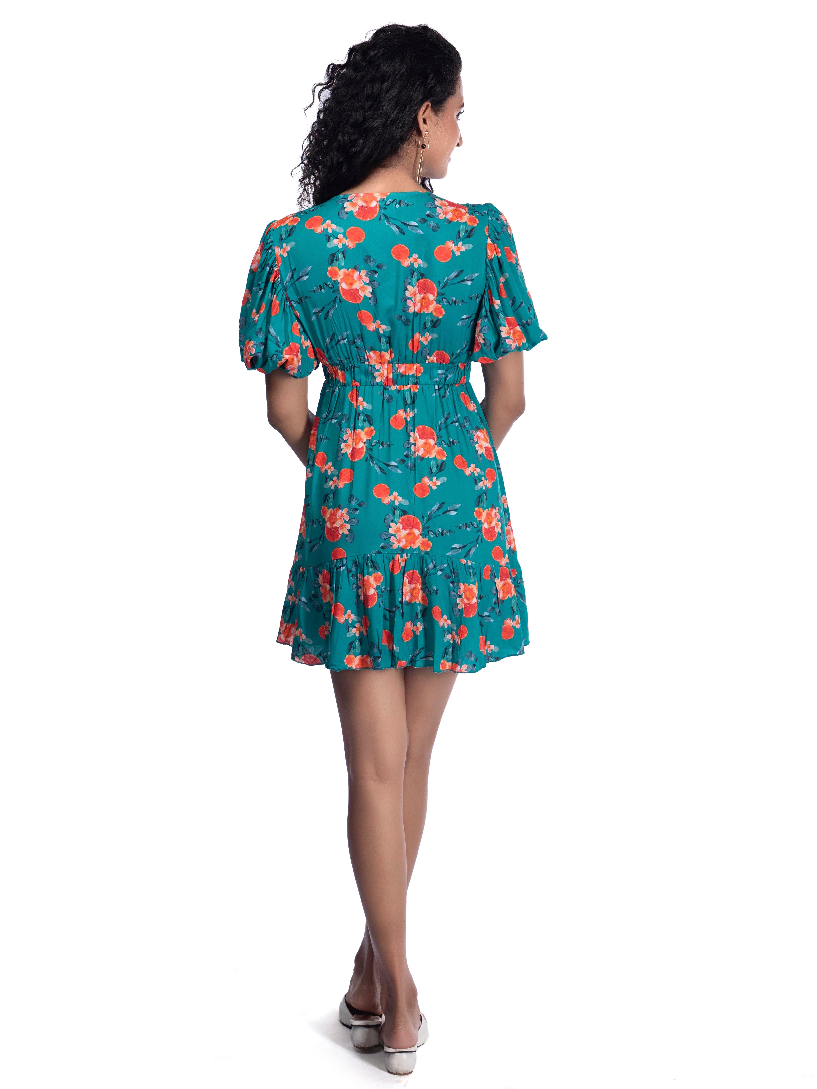 Tuquoise Blue Printed Plunge Neck Summer Dress - FRENCH THEORY