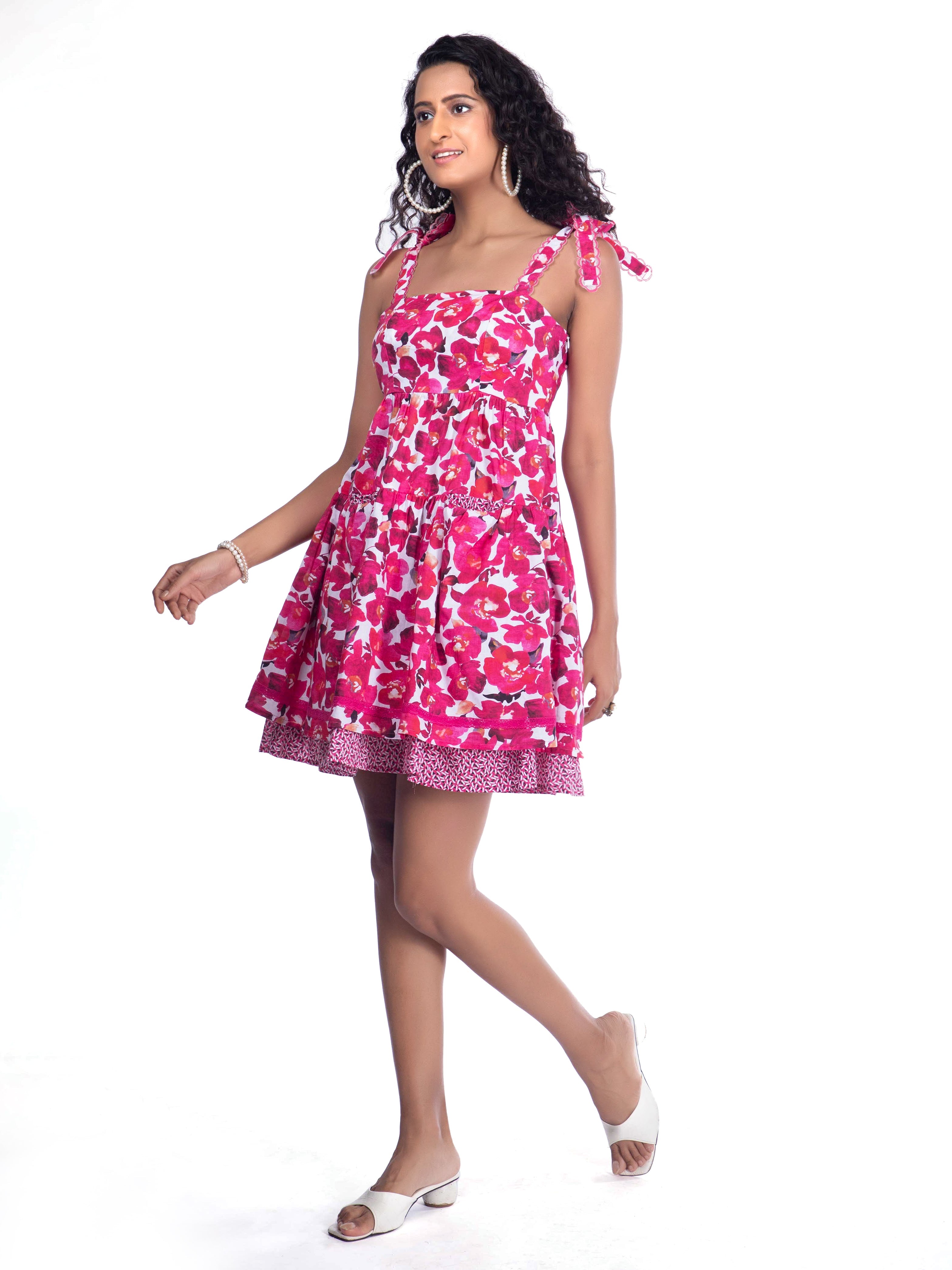 Pink & White Floral Embroidered Strap Dress FRENCH THEORY
