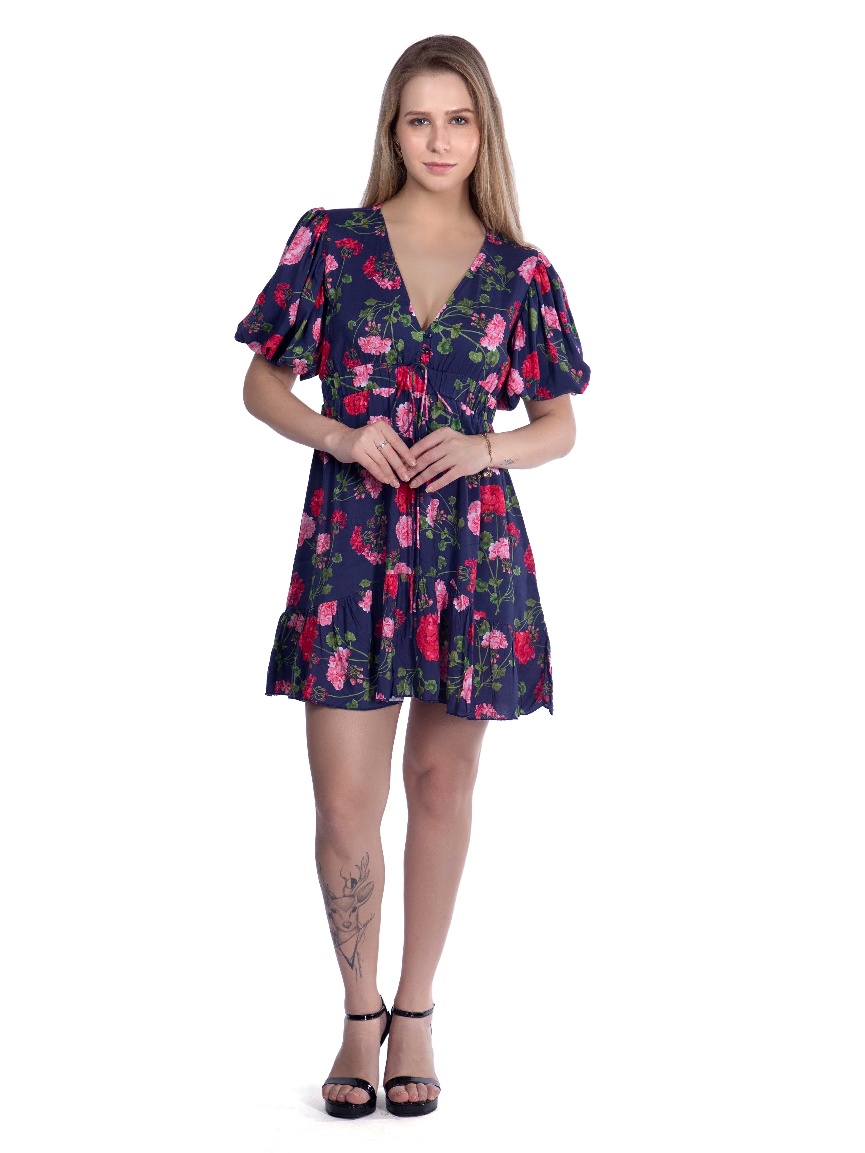 Ink Blue Printed Plunge Neck Summer Dress - FRENCH THEORY