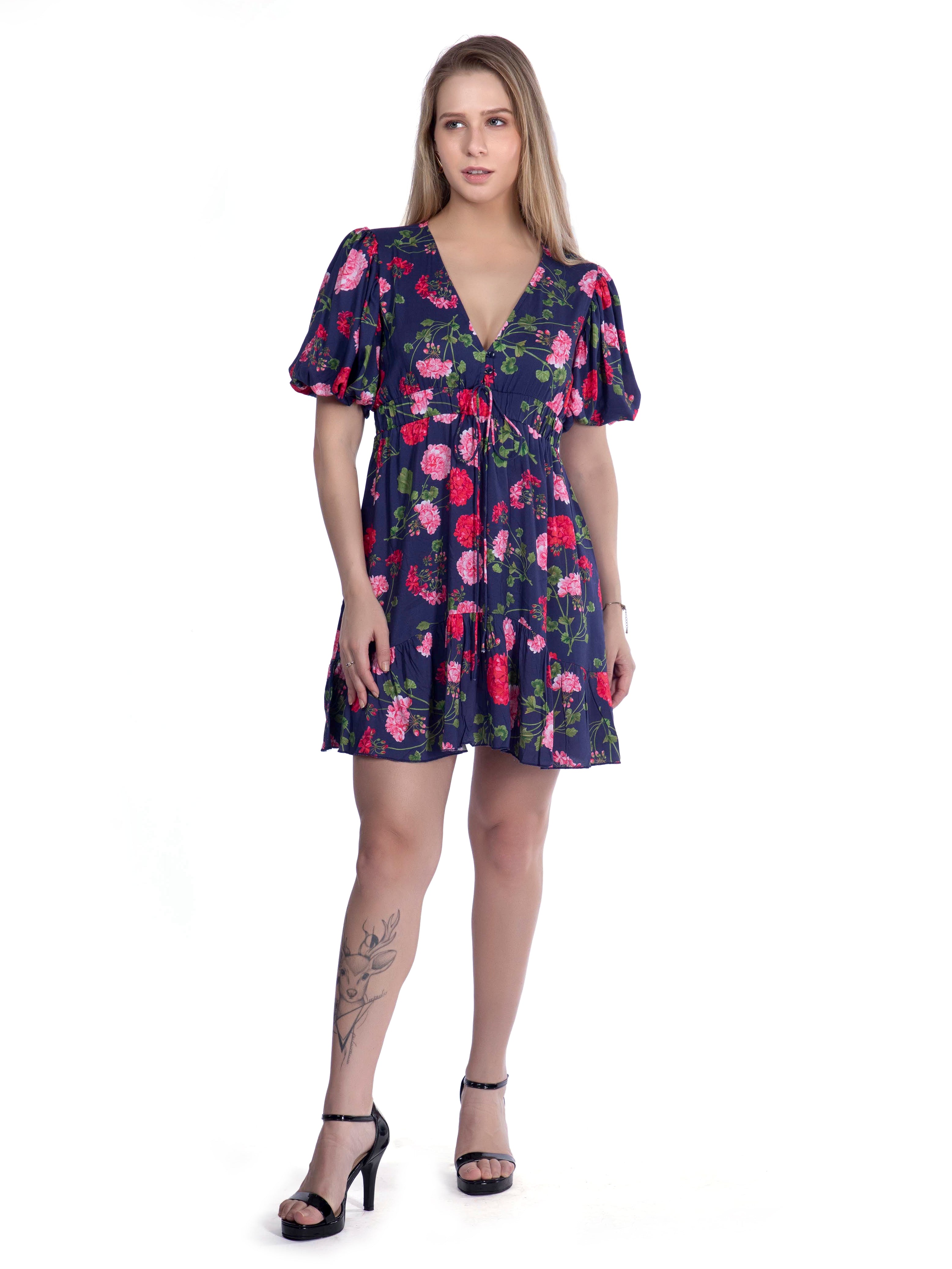 Ink Blue Printed Plunge Neck Summer Dress - FRENCH THEORY