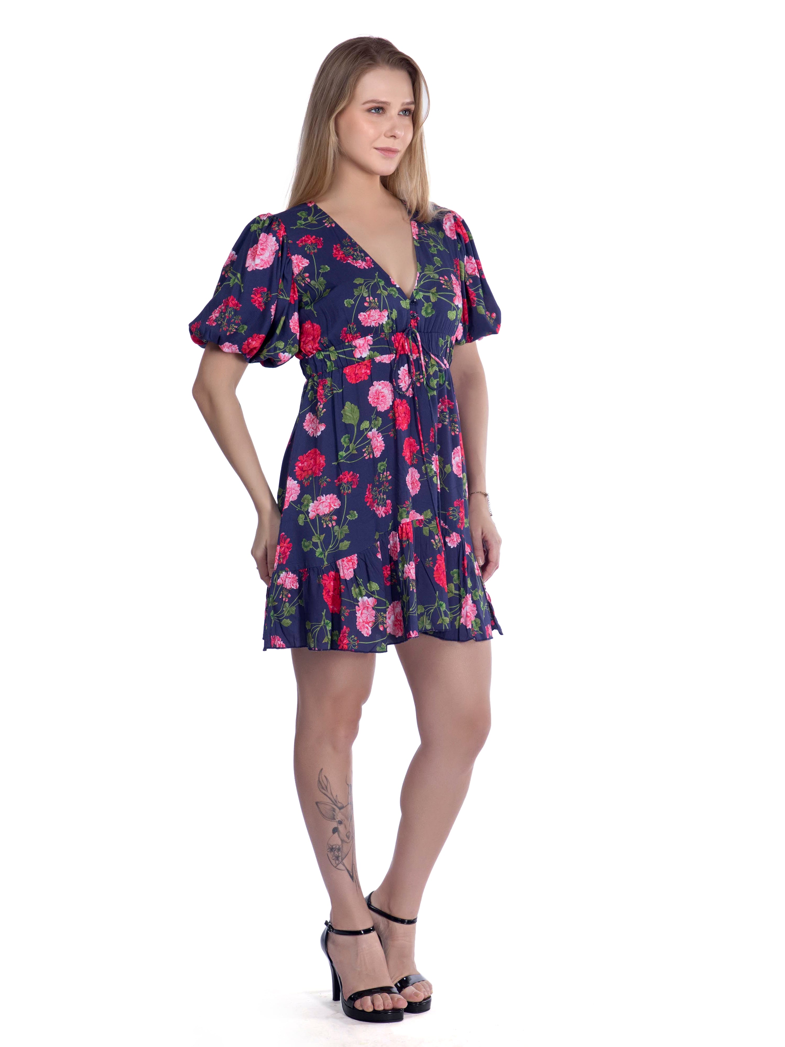 Ink Blue Printed Plunge Neck Summer Dress - FRENCH THEORY