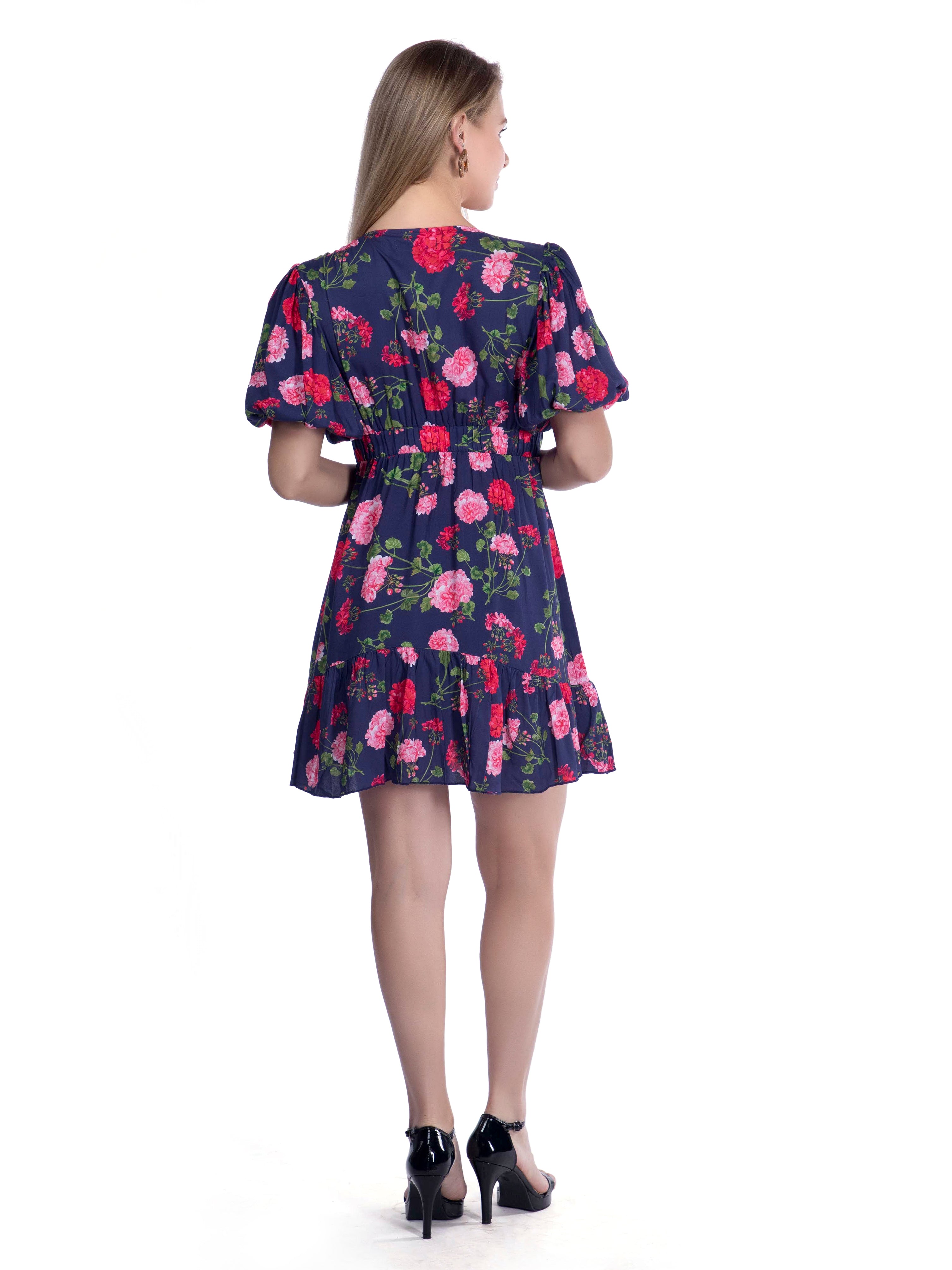Ink Blue Printed Plunge Neck Summer Dress - FRENCH THEORY