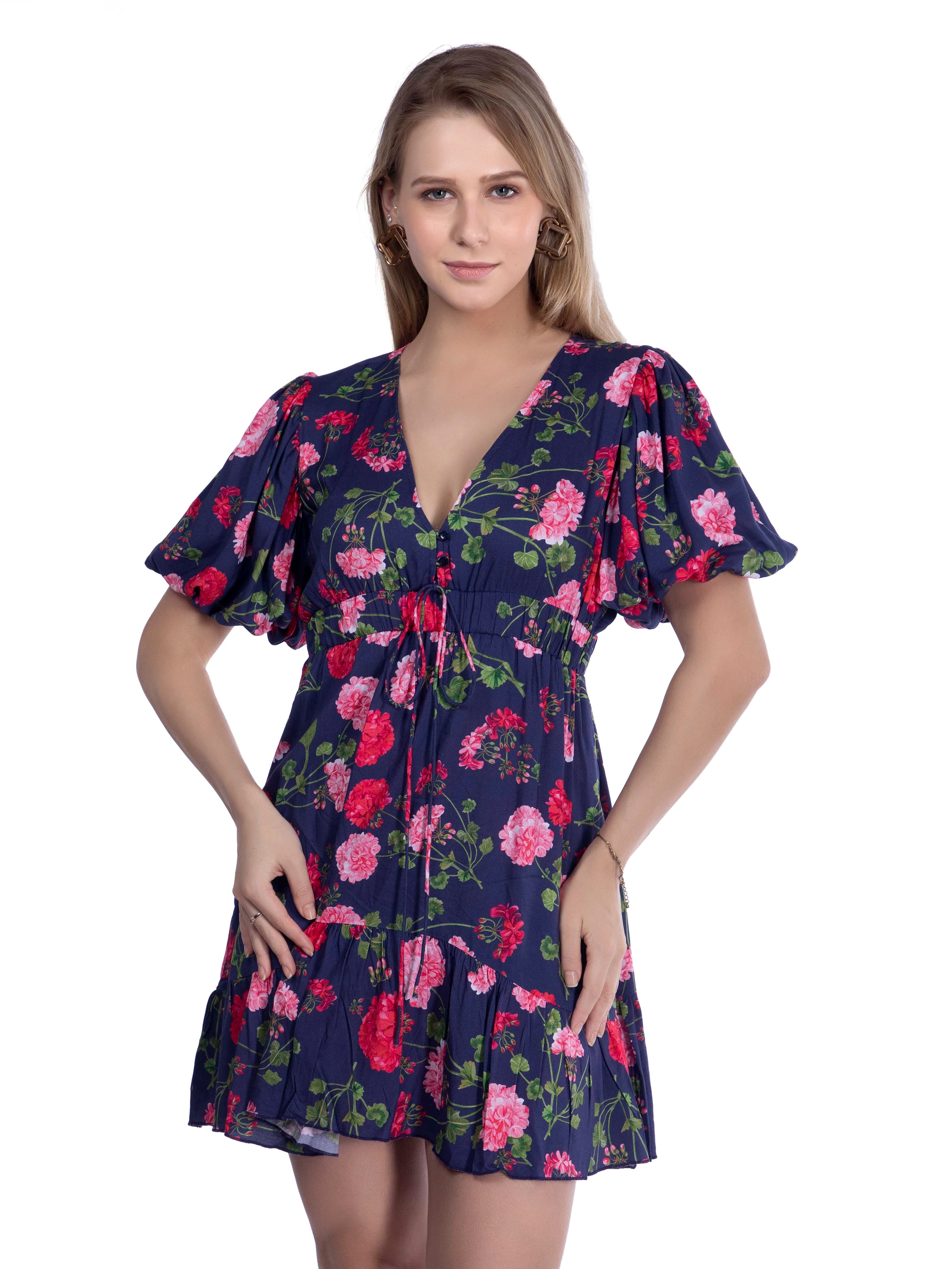 Ink Blue Printed Plunge Neck Summer Dress - FRENCH THEORY