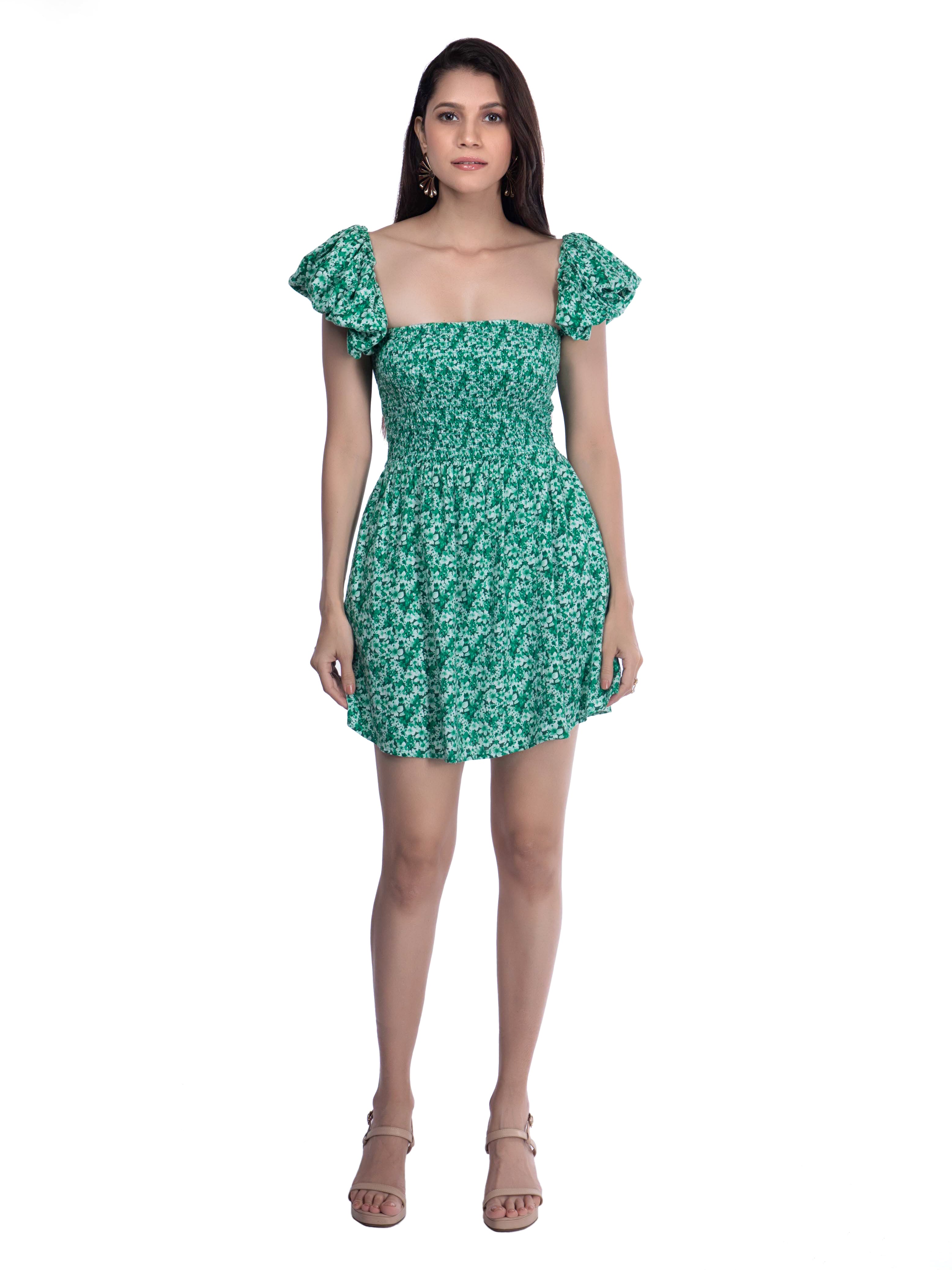 Green Printed Square neck Floral dress - FRENCH THEORY