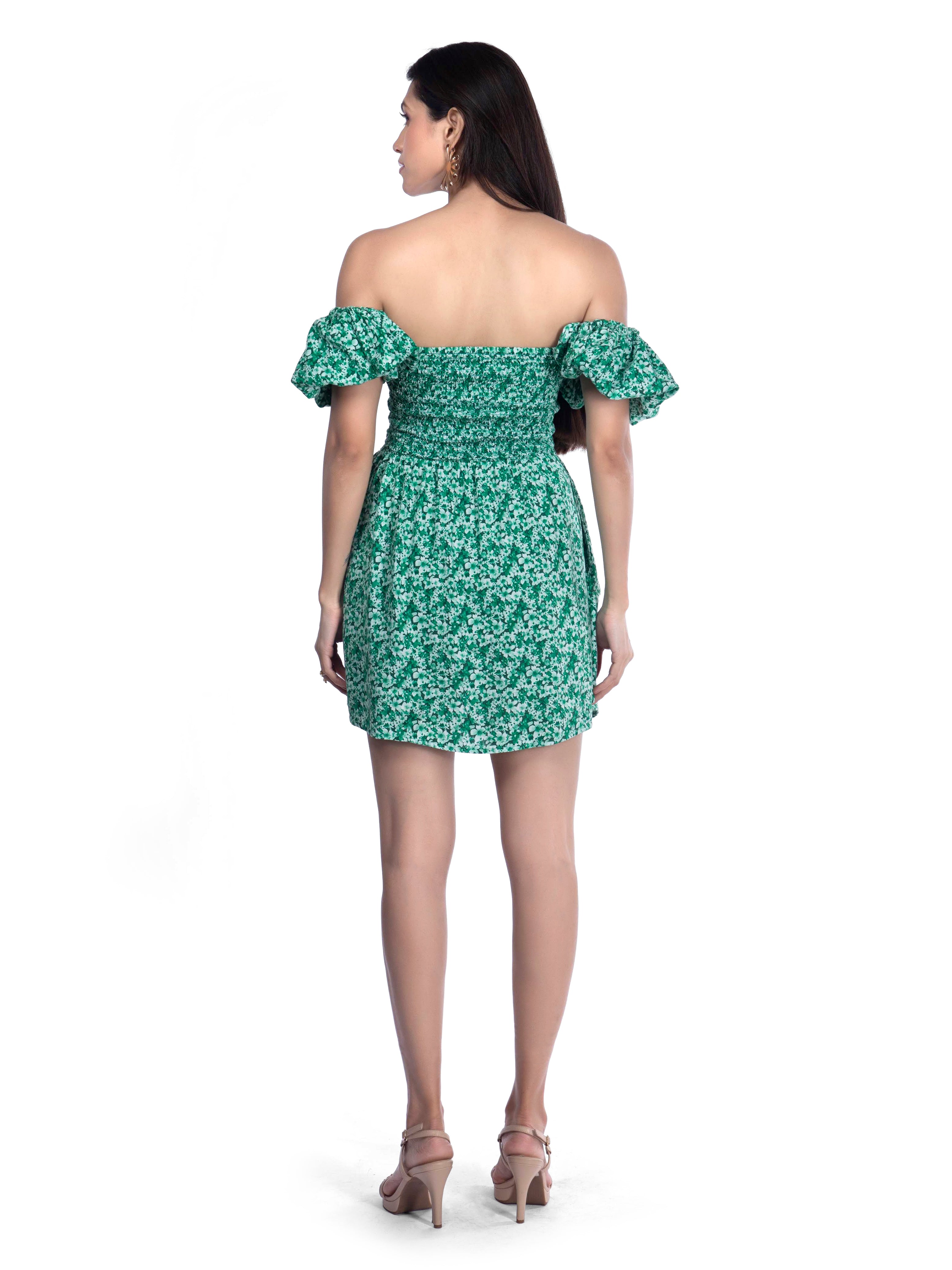 Green Printed Square neck Floral dress - FRENCH THEORY