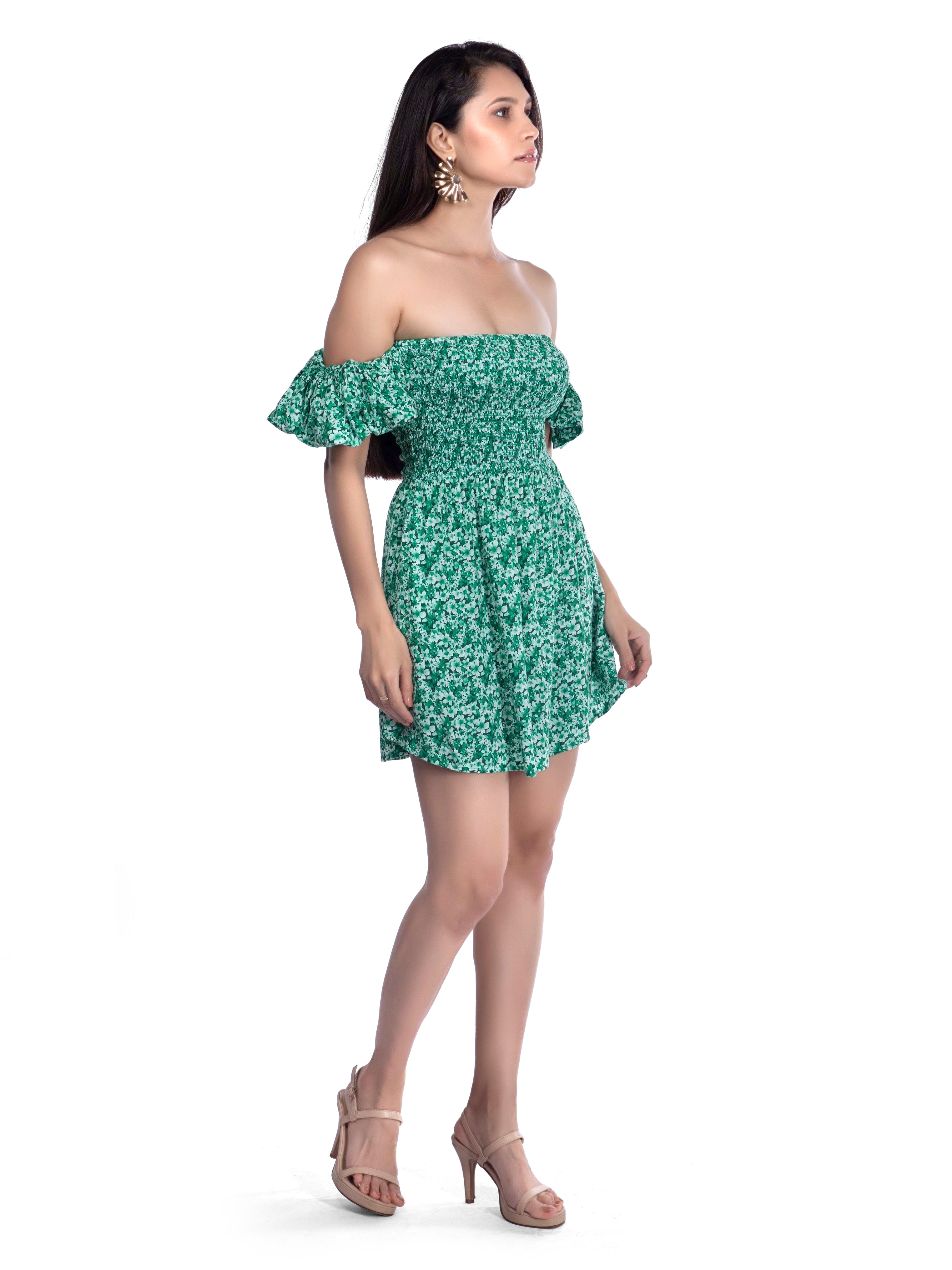 Green Printed Square neck Floral dress - FRENCH THEORY