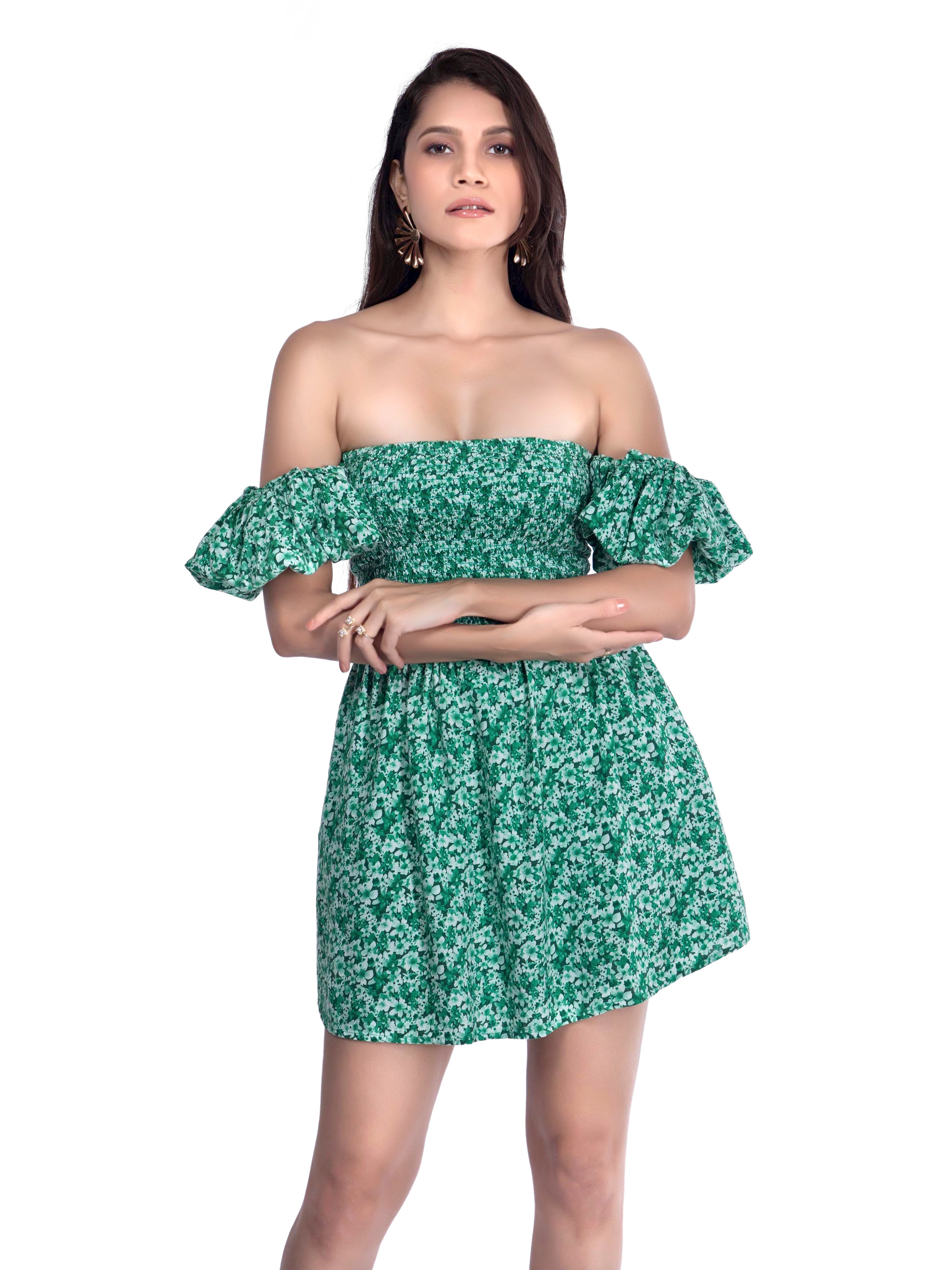 Green Printed Square neck Floral dress - FRENCH THEORY