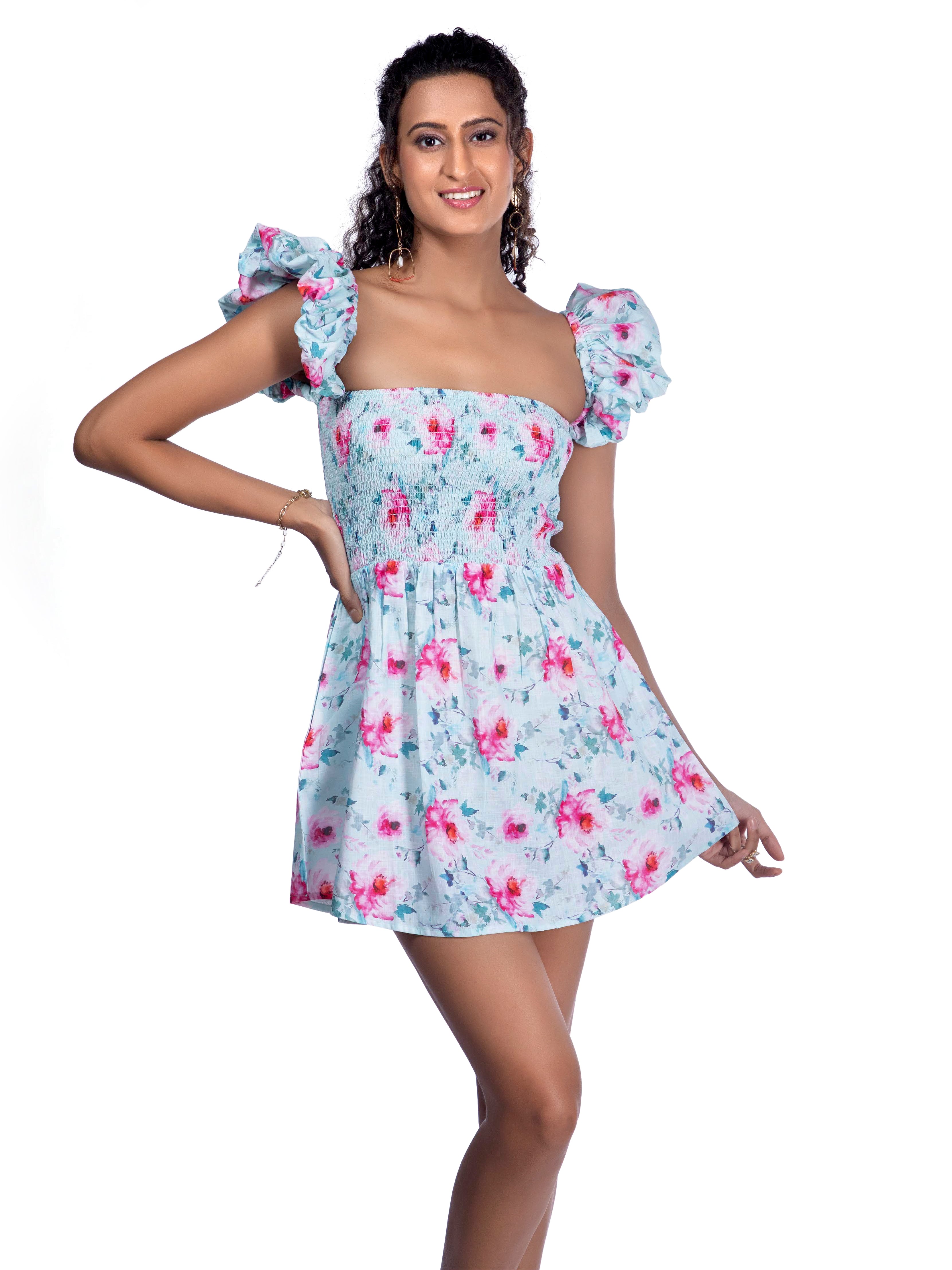 Blue Printed Puff Sleeve Mini Dress - FRENCH THEORY