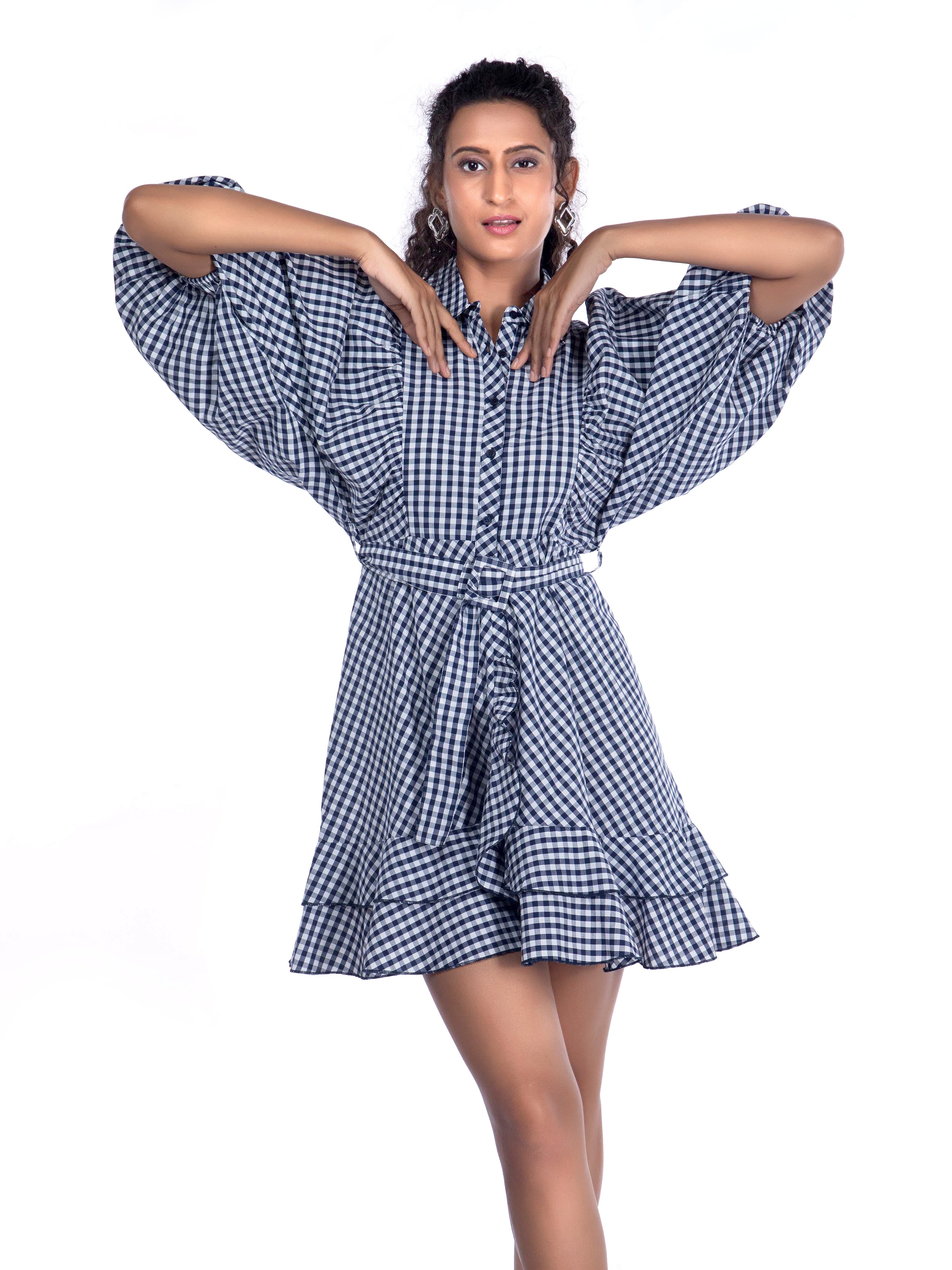 Navy Blue Puffy Sleeve Cotton Dress