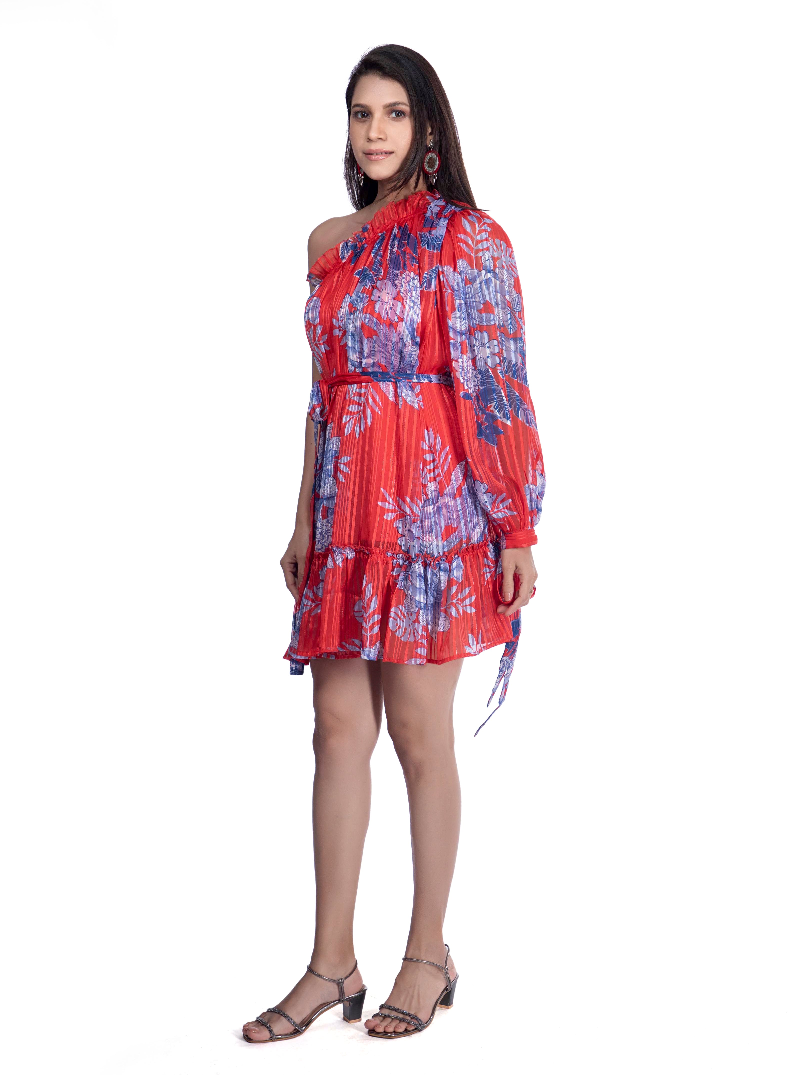 One Shoulder Dress: Asymmetrical Printed Mini Dress