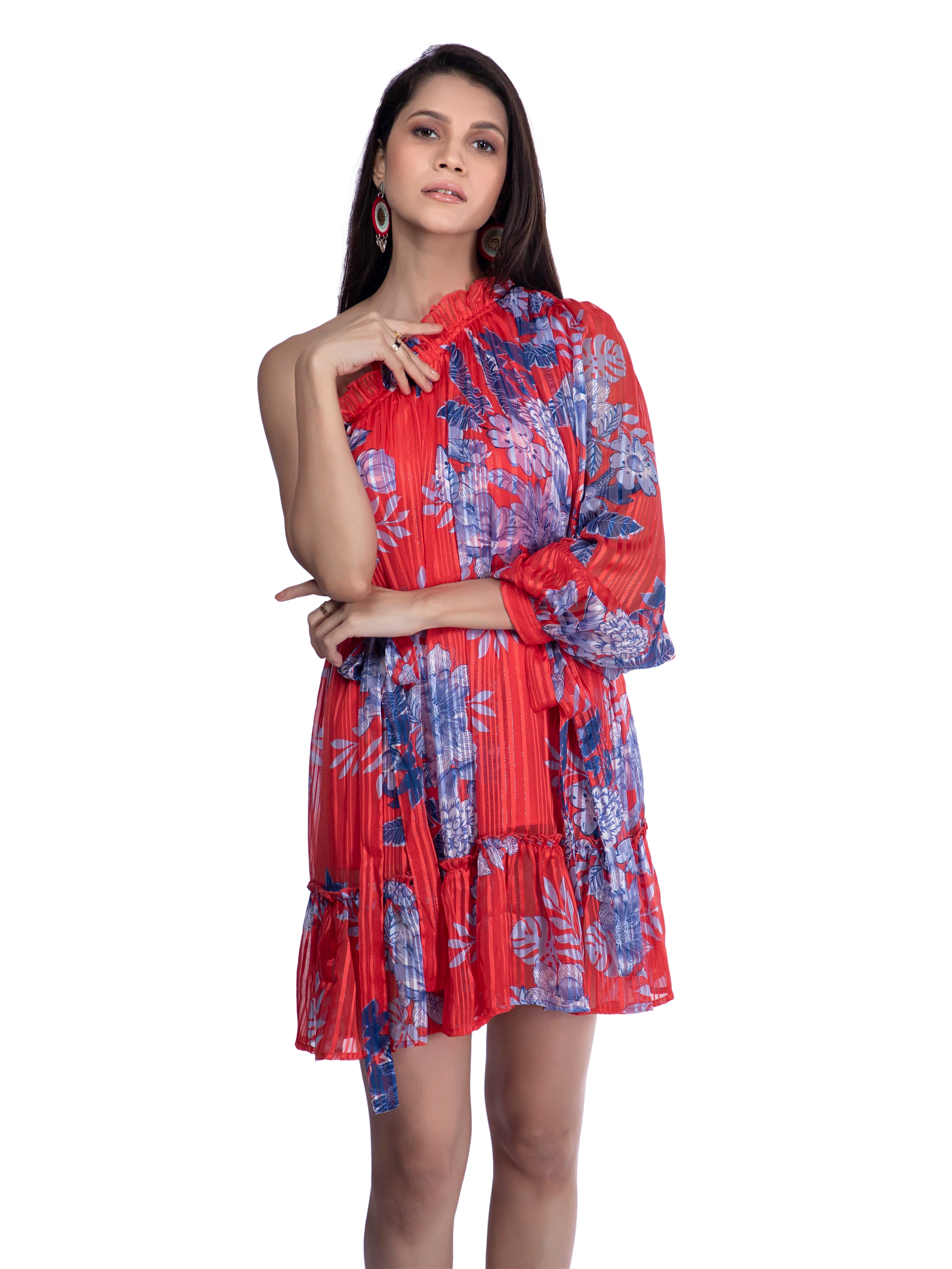 One Shoulder Dress: Asymmetrical Printed Mini Dress