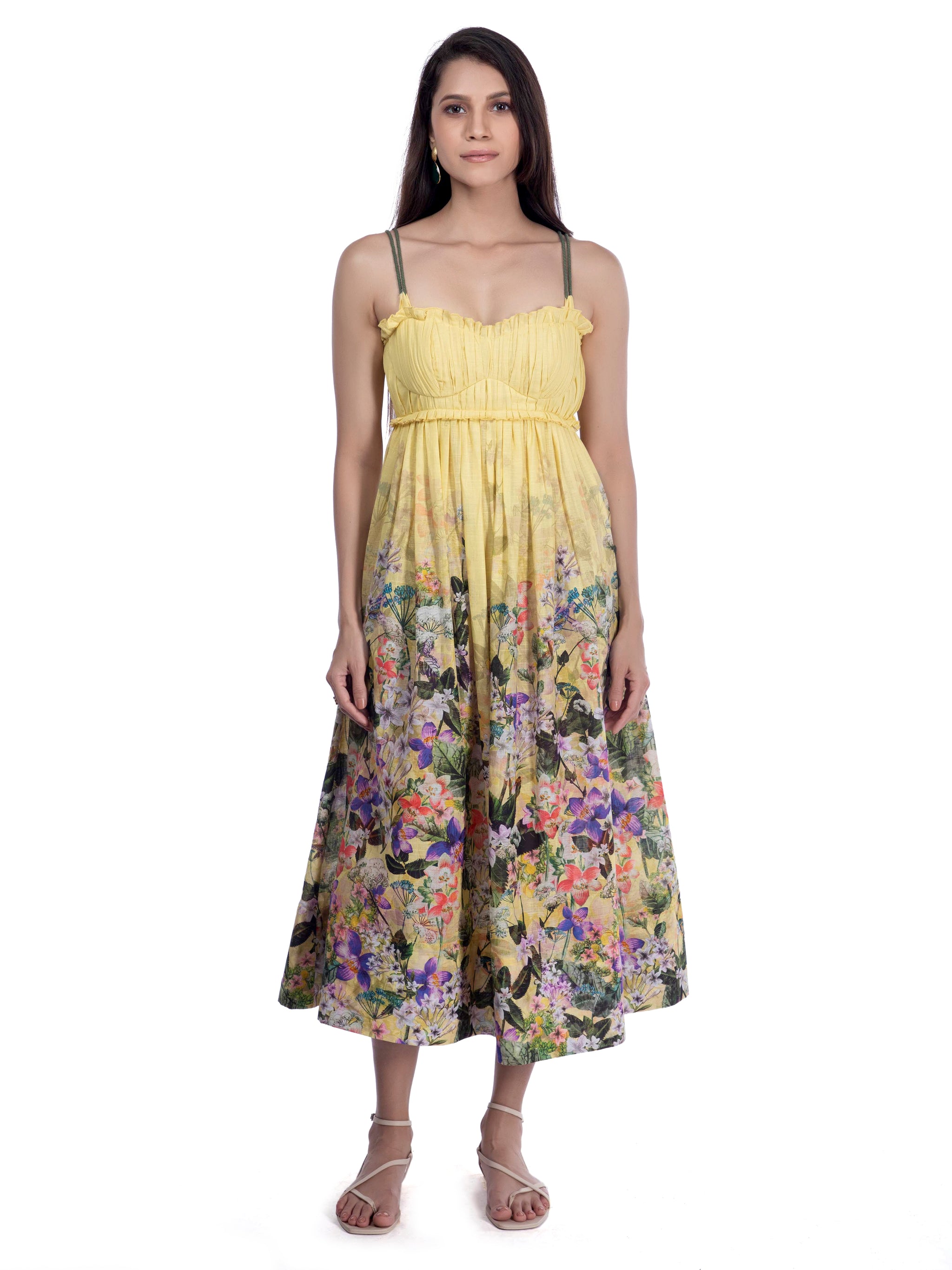 Beryl Midi Dress - Deep V Neck Sleeveless Layered Dress in Yellow Floral