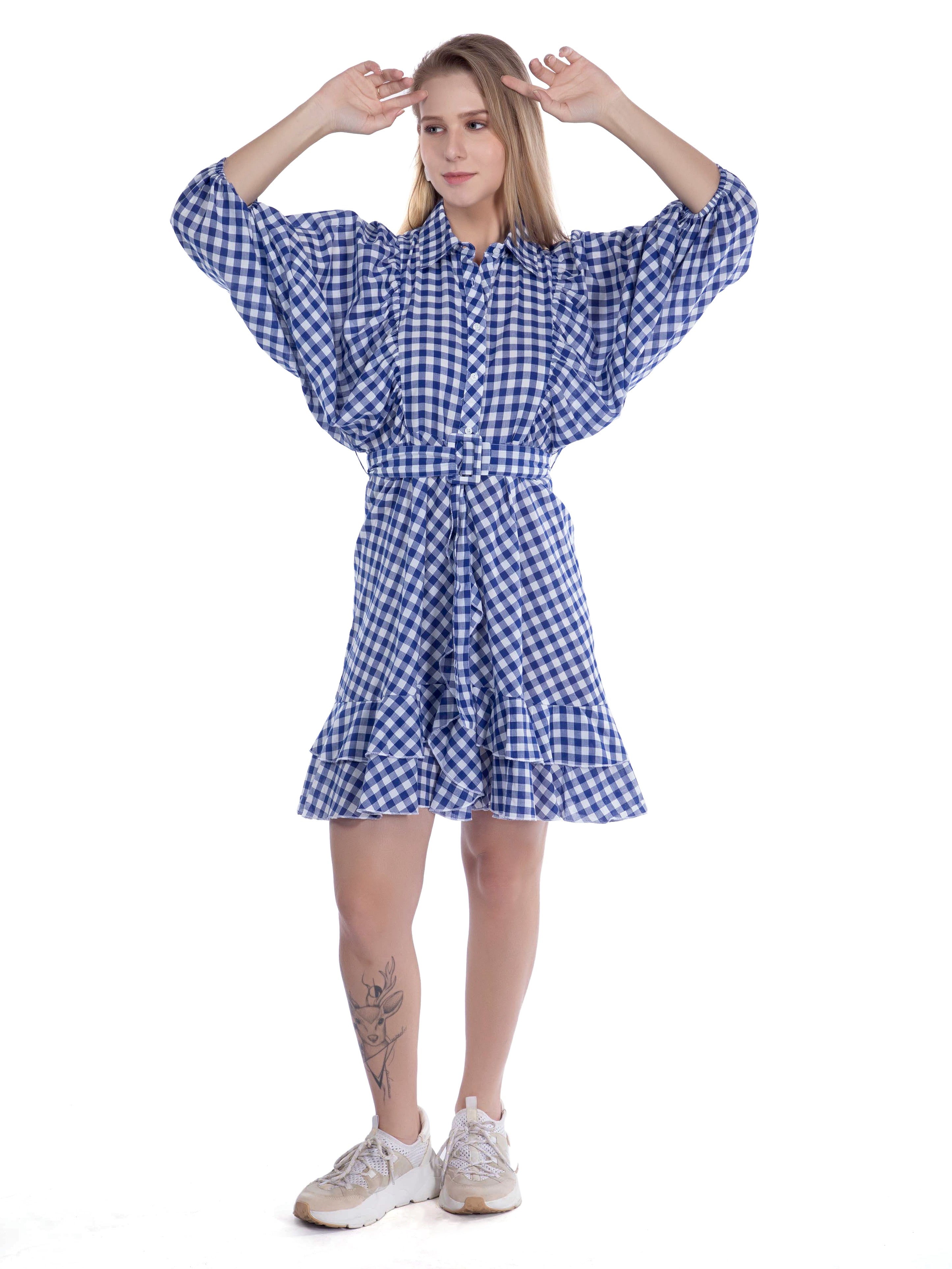 Navy Blue Checked Cotton Dress