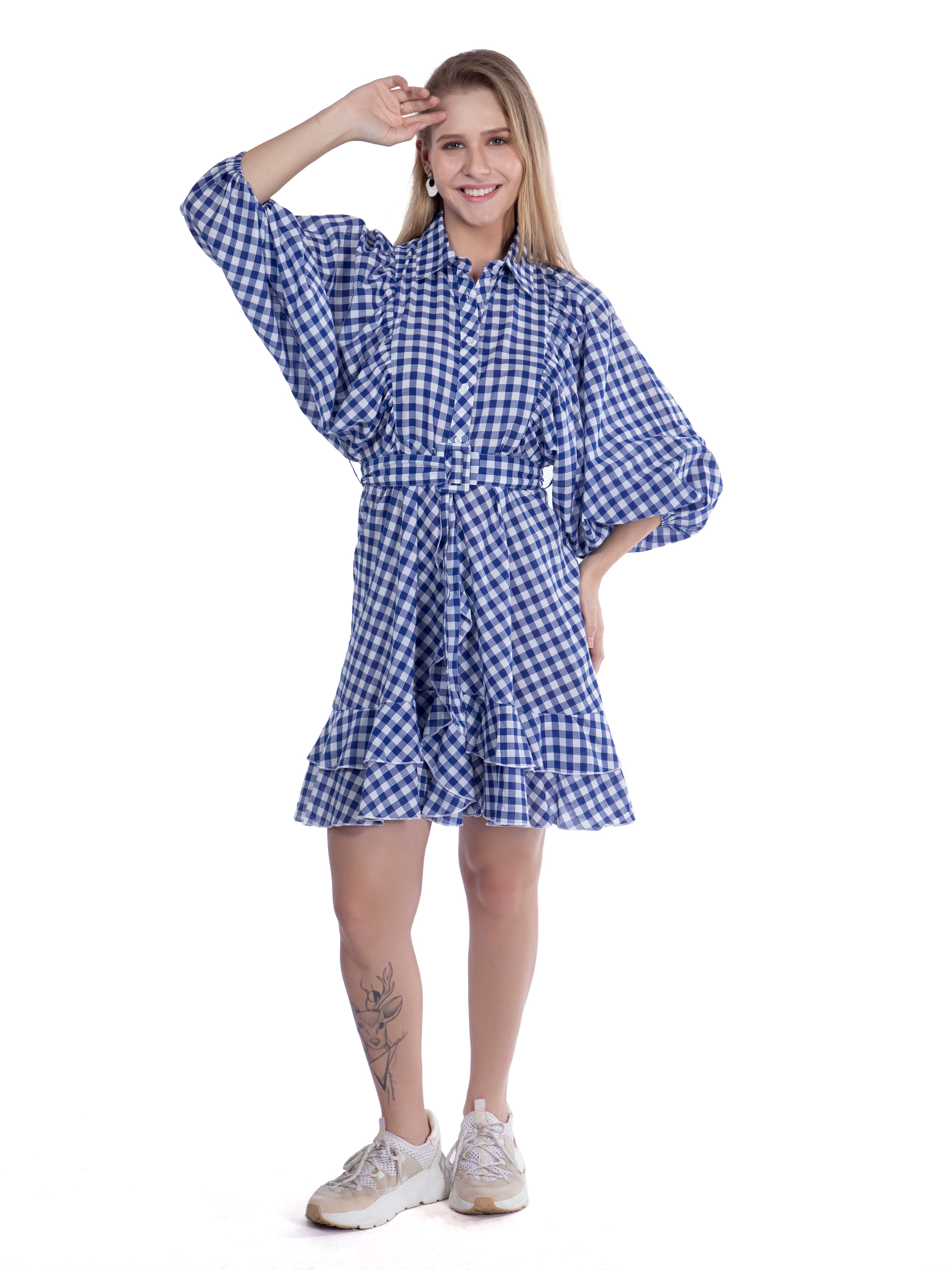 Navy Blue Checked Cotton Dress