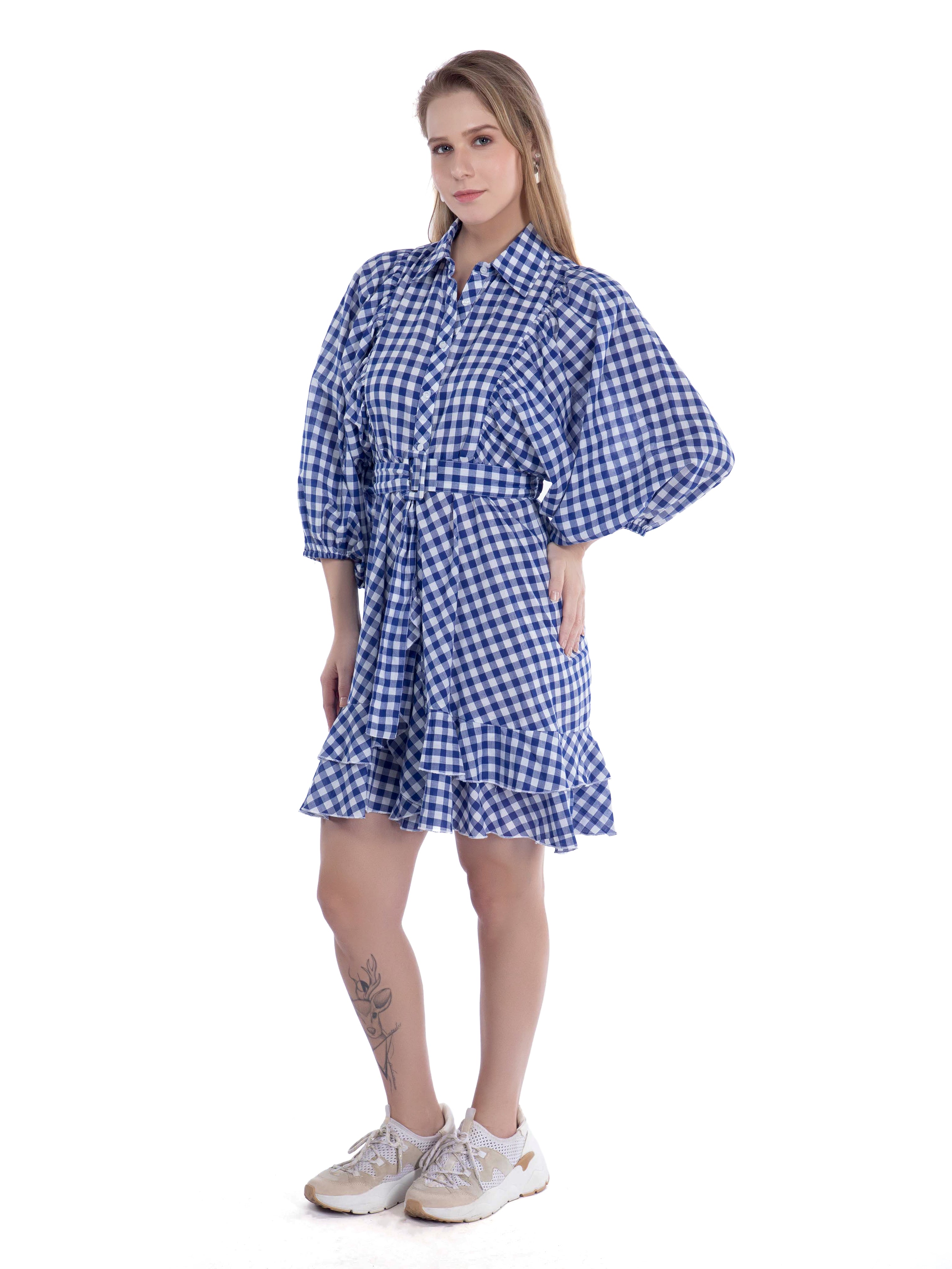 Navy Blue Checked Cotton Dress