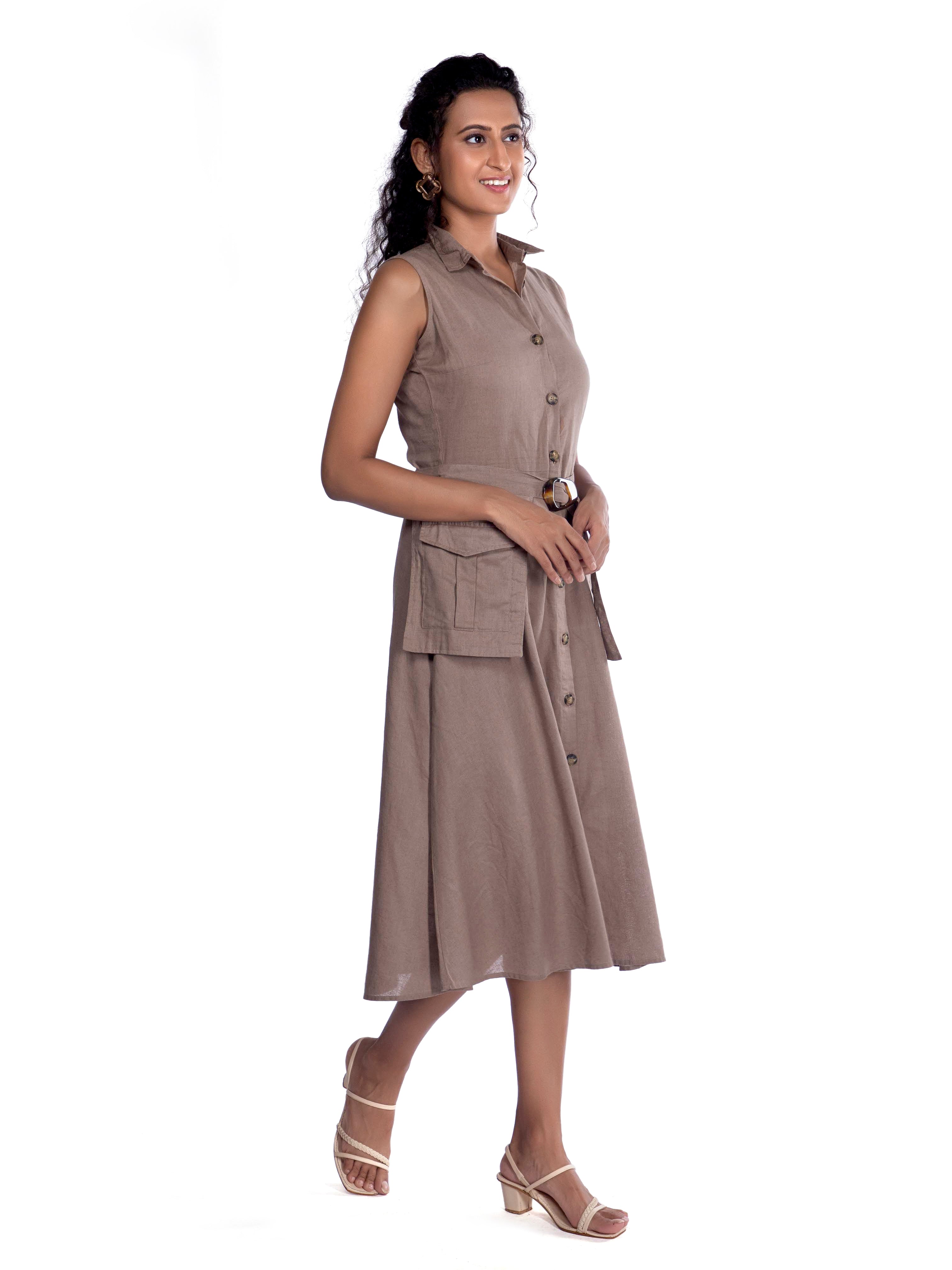 Beige Sleeveless Shirt Dress with Utility Pockets