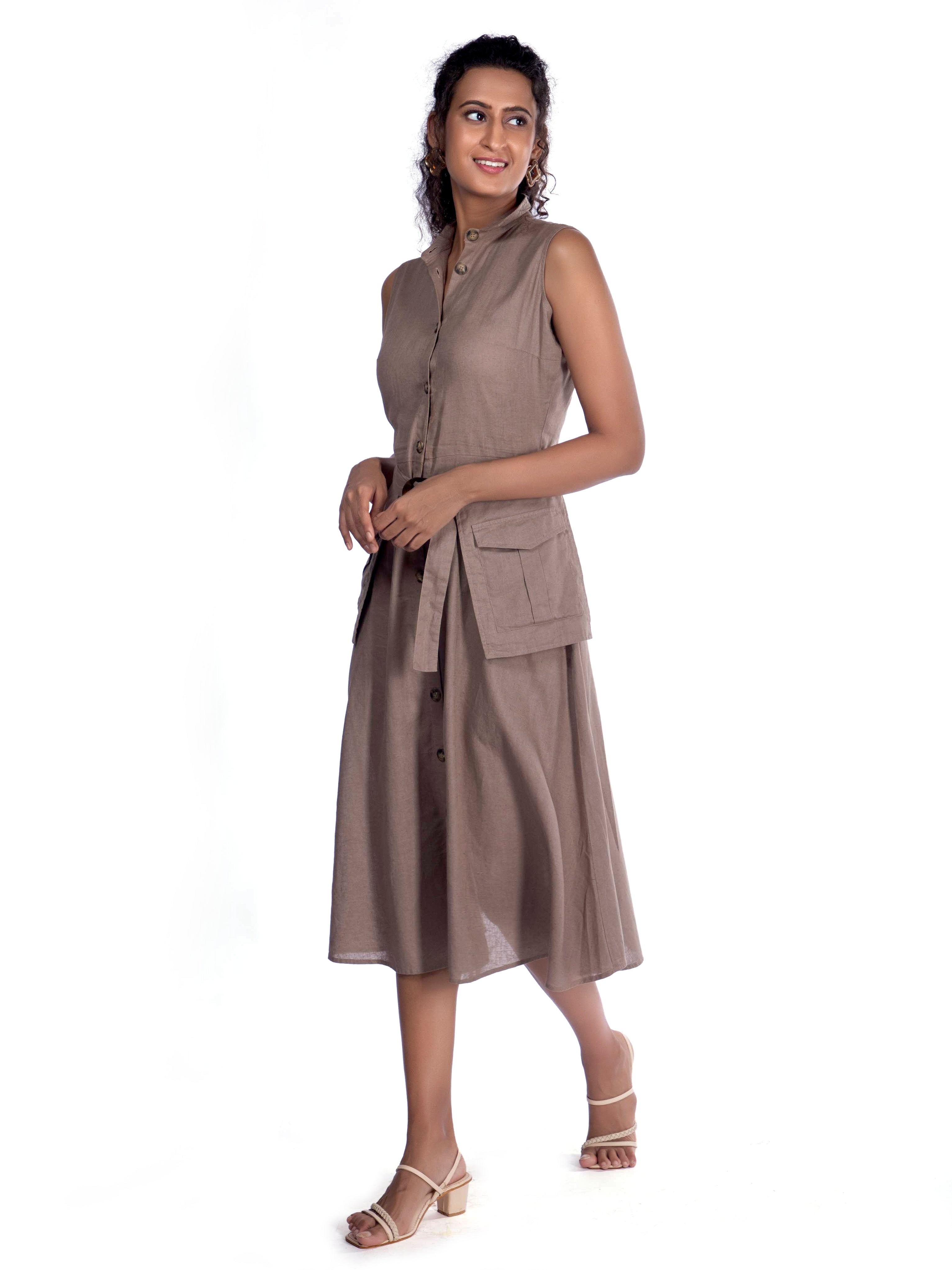 Beige Sleeveless Shirt Dress with Utility Pockets